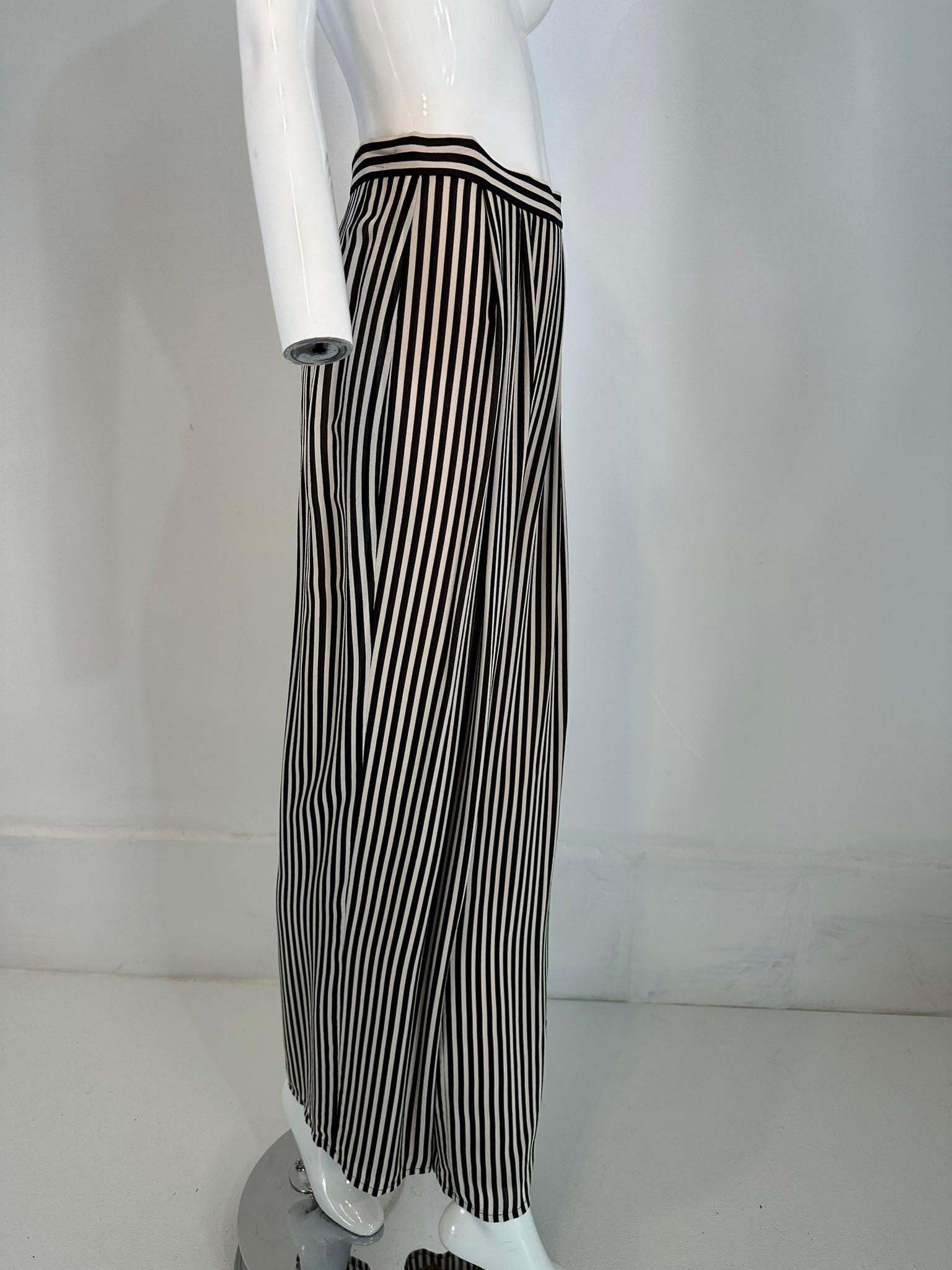 1990s Carlislie Black & White Silk Stripe Pleat Front Wide Leg Trouser For Sale 7