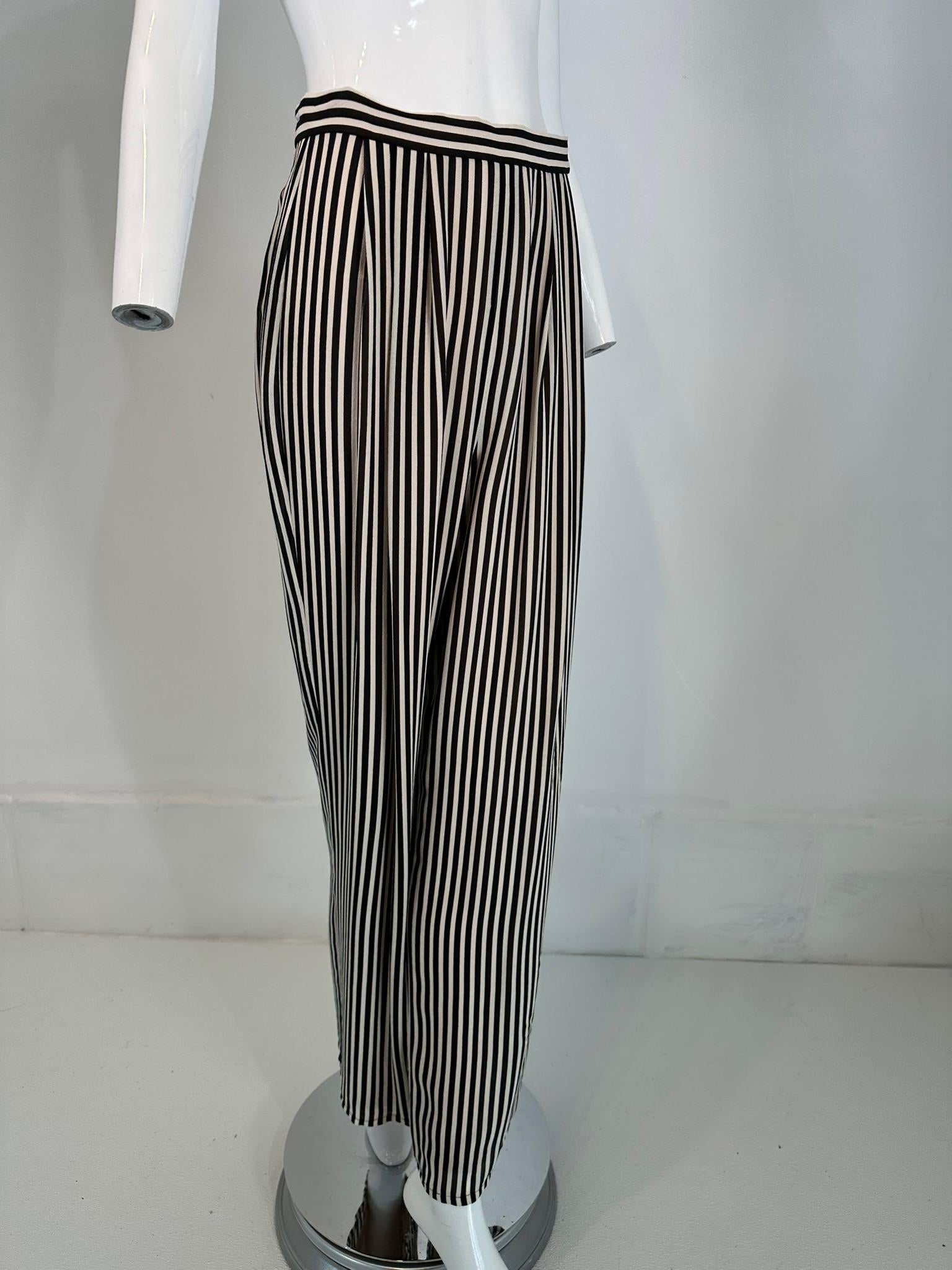 1990s Carlislie Black & White Silk Stripe Pleat Front Wide Leg Trouser For Sale 8