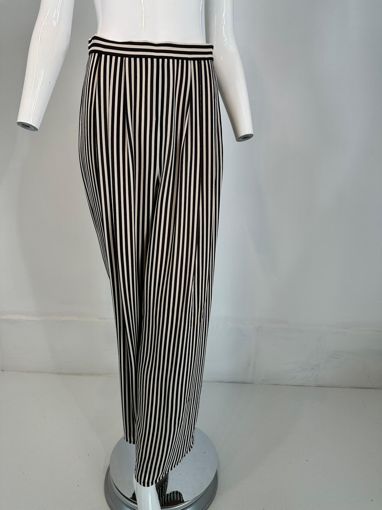 1990s Carlislie Black & White Silk Stripe Pleat Front Wide Leg Trouser For Sale 9