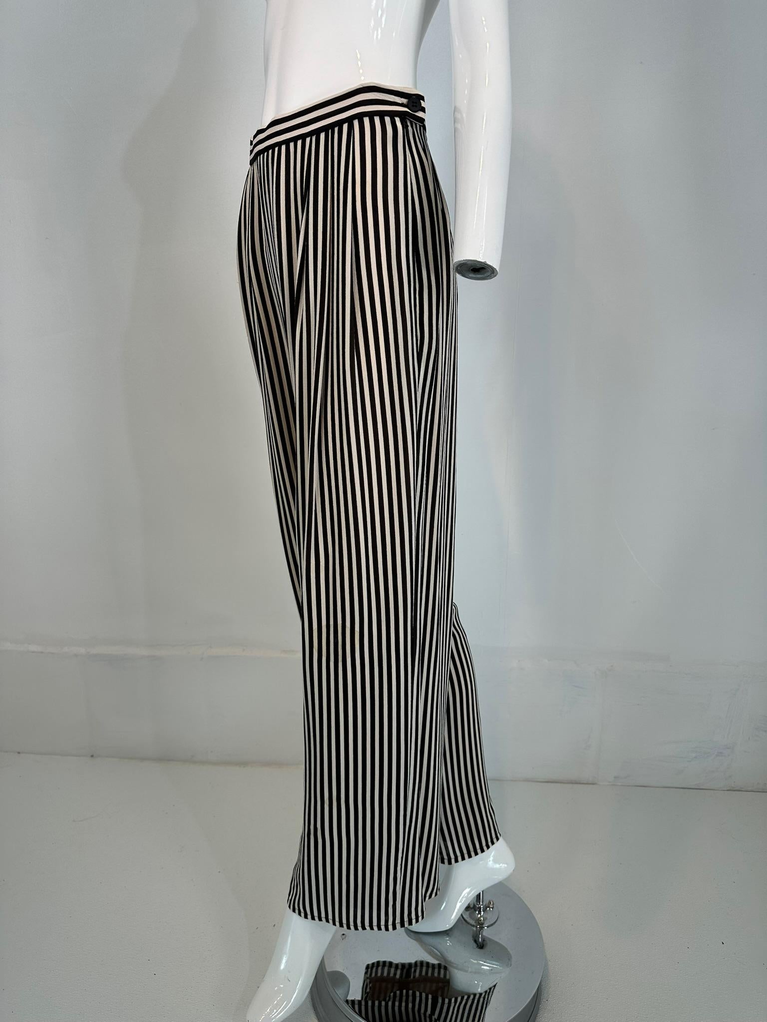 Women's 1990s Carlislie Black & White Silk Stripe Pleat Front Wide Leg Trouser For Sale