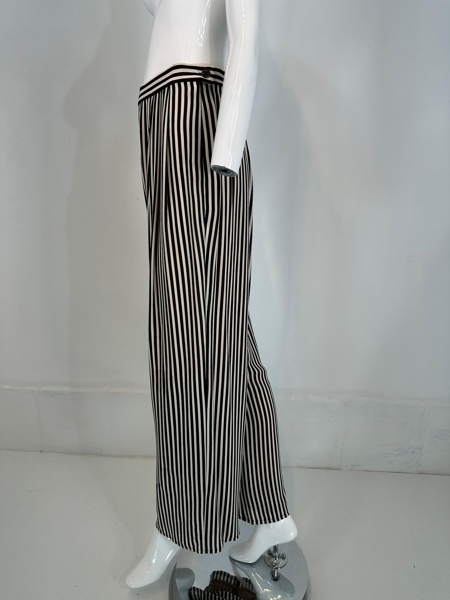 1990s Carlislie Black & White Silk Stripe Pleat Front Wide Leg Trouser For Sale 1