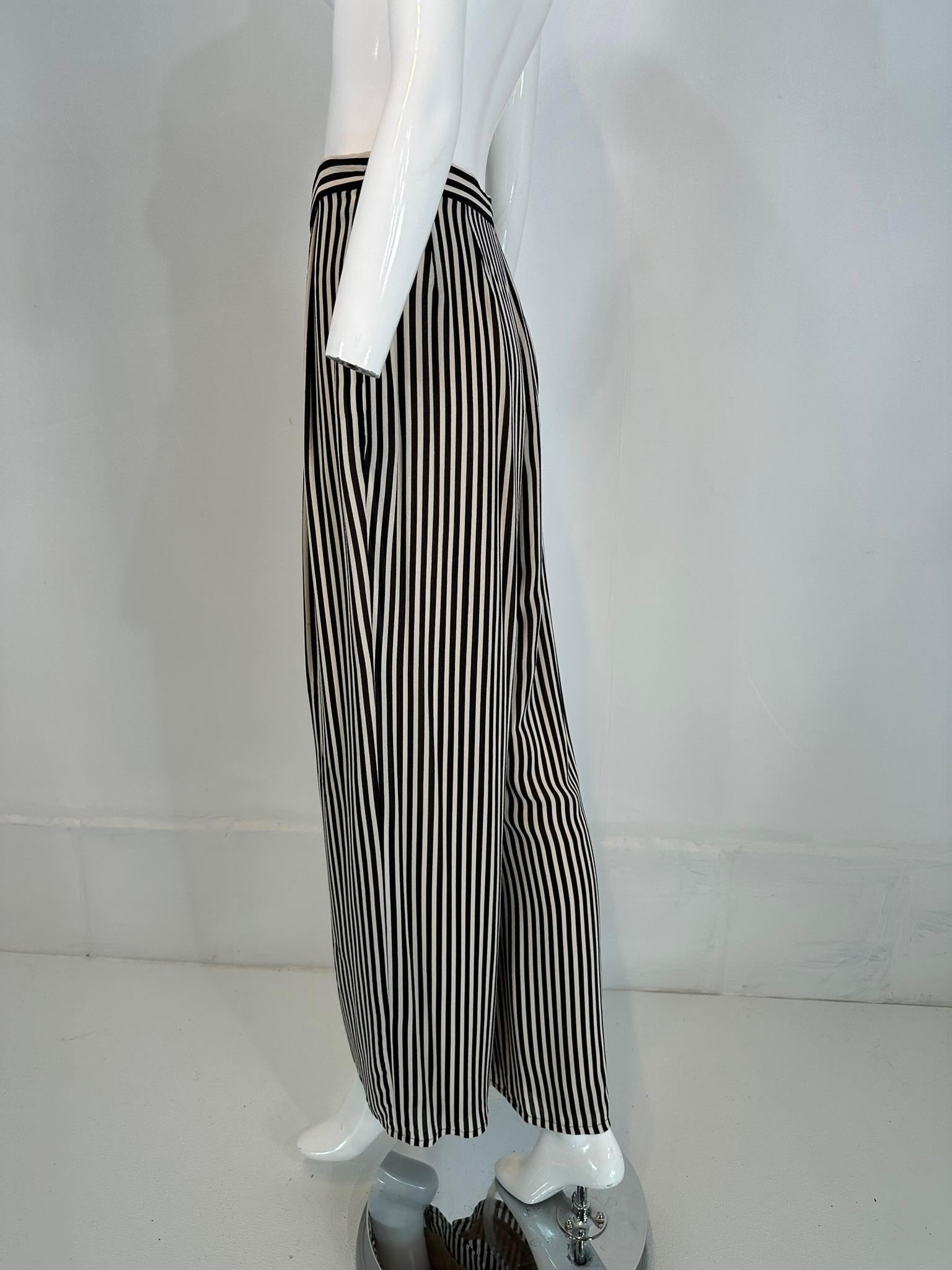 1990s Carlislie Black & White Silk Stripe Pleat Front Wide Leg Trouser For Sale 2