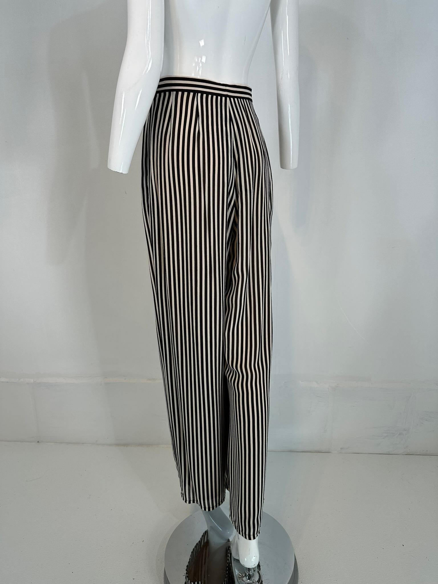 1990s Carlislie Black & White Silk Stripe Pleat Front Wide Leg Trouser For Sale 3