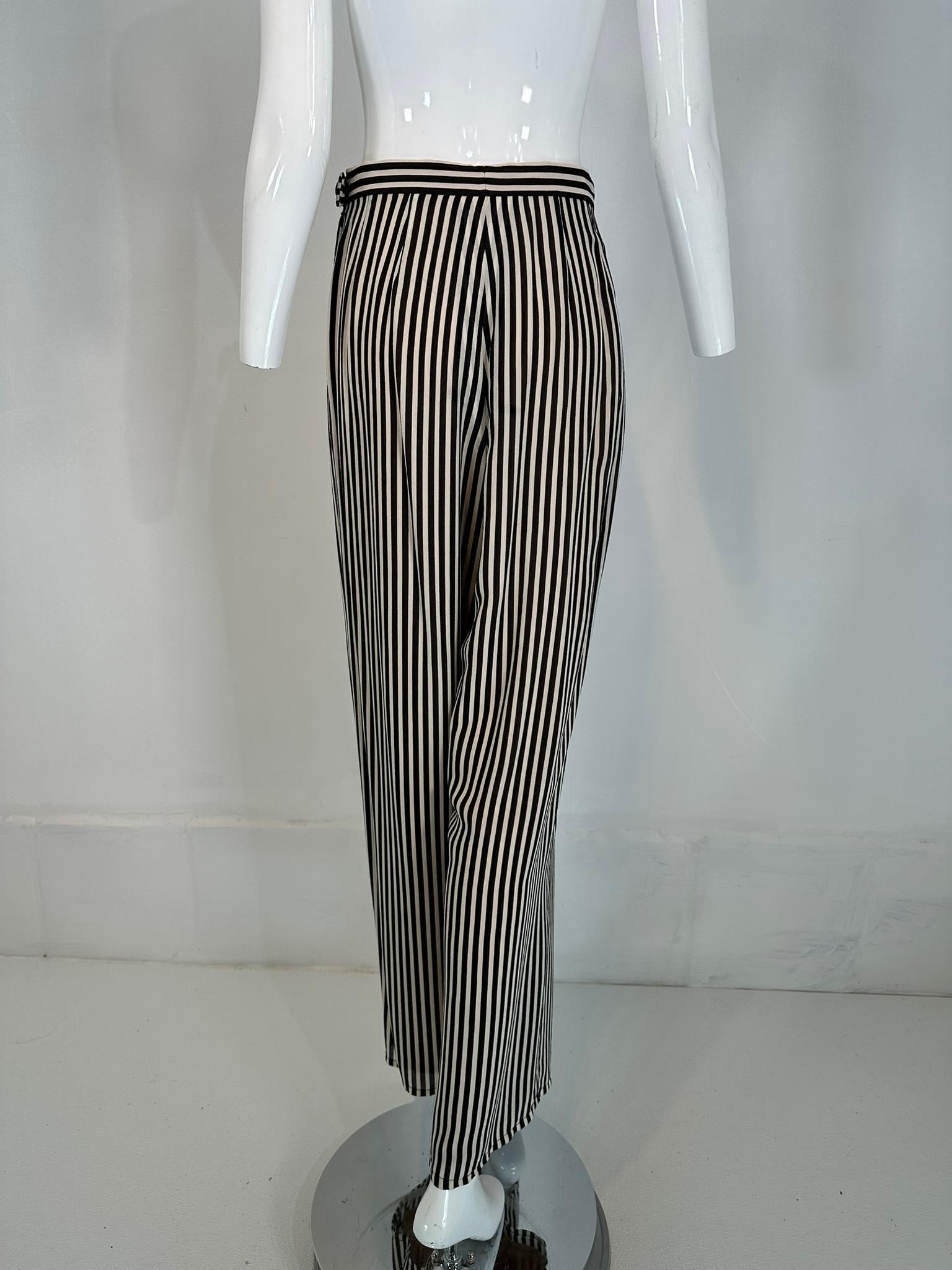 1990s Carlislie Black & White Silk Stripe Pleat Front Wide Leg Trouser For Sale 4