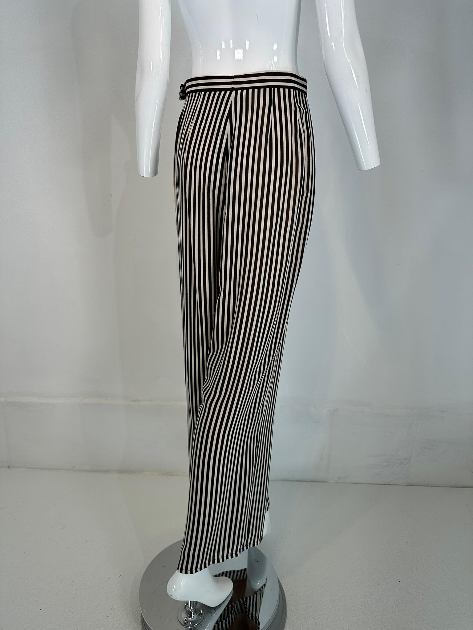 1990s Carlislie Black & White Silk Stripe Pleat Front Wide Leg Trouser For Sale 5