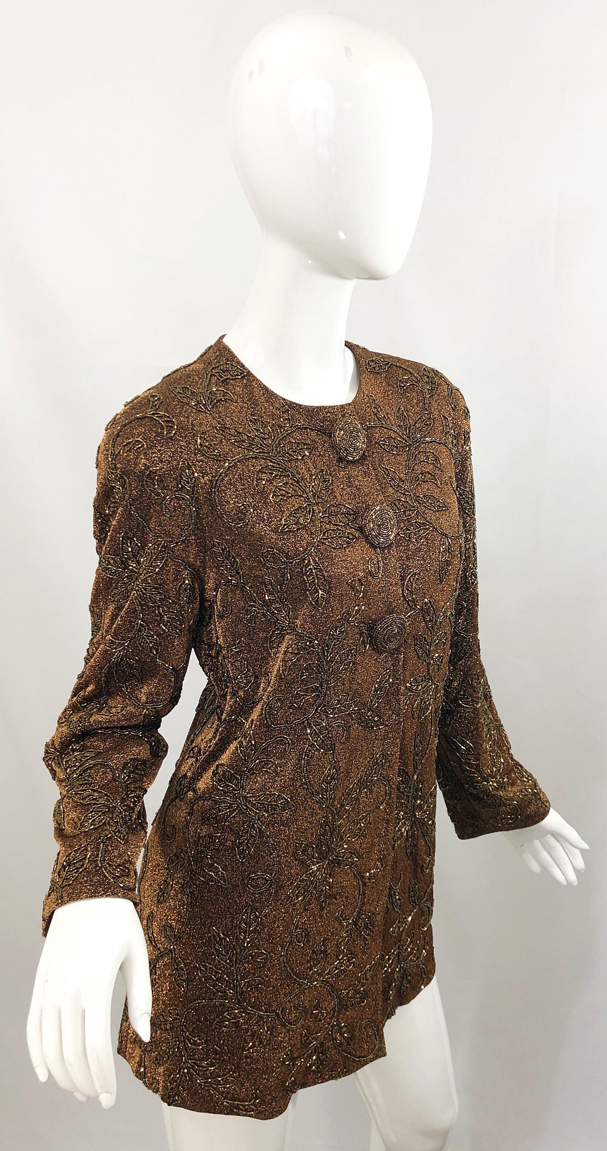 1990s Carmen Marc Valvo Size 12 Bronze Gold Metallic Beaded Vintage 90s Jacket In Excellent Condition For Sale In San Diego, CA