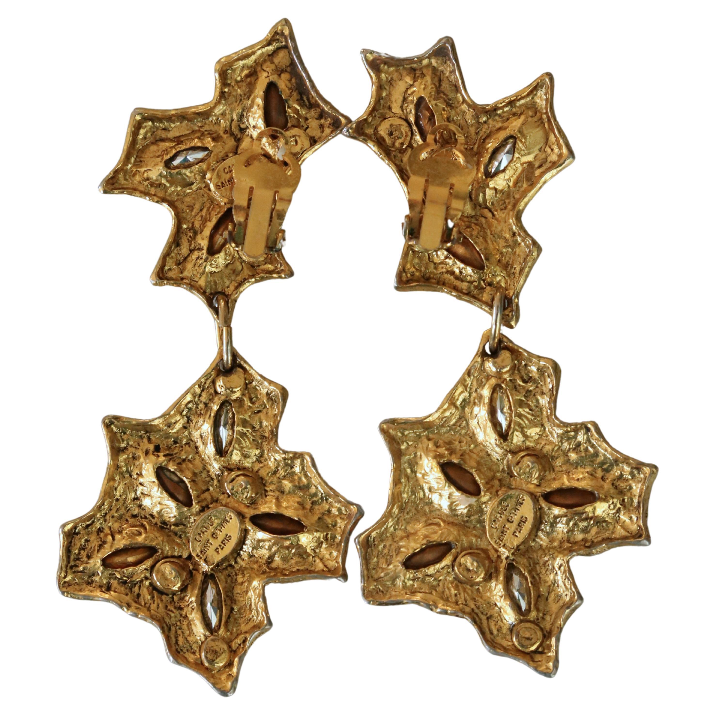 1990's Carole Saint Germes gilt metal drop earrings with green rhinestones For Sale 1