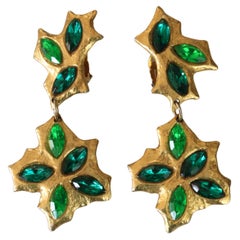 1990's Carole Saint Germes gilt metal drop earrings with green rhinestones