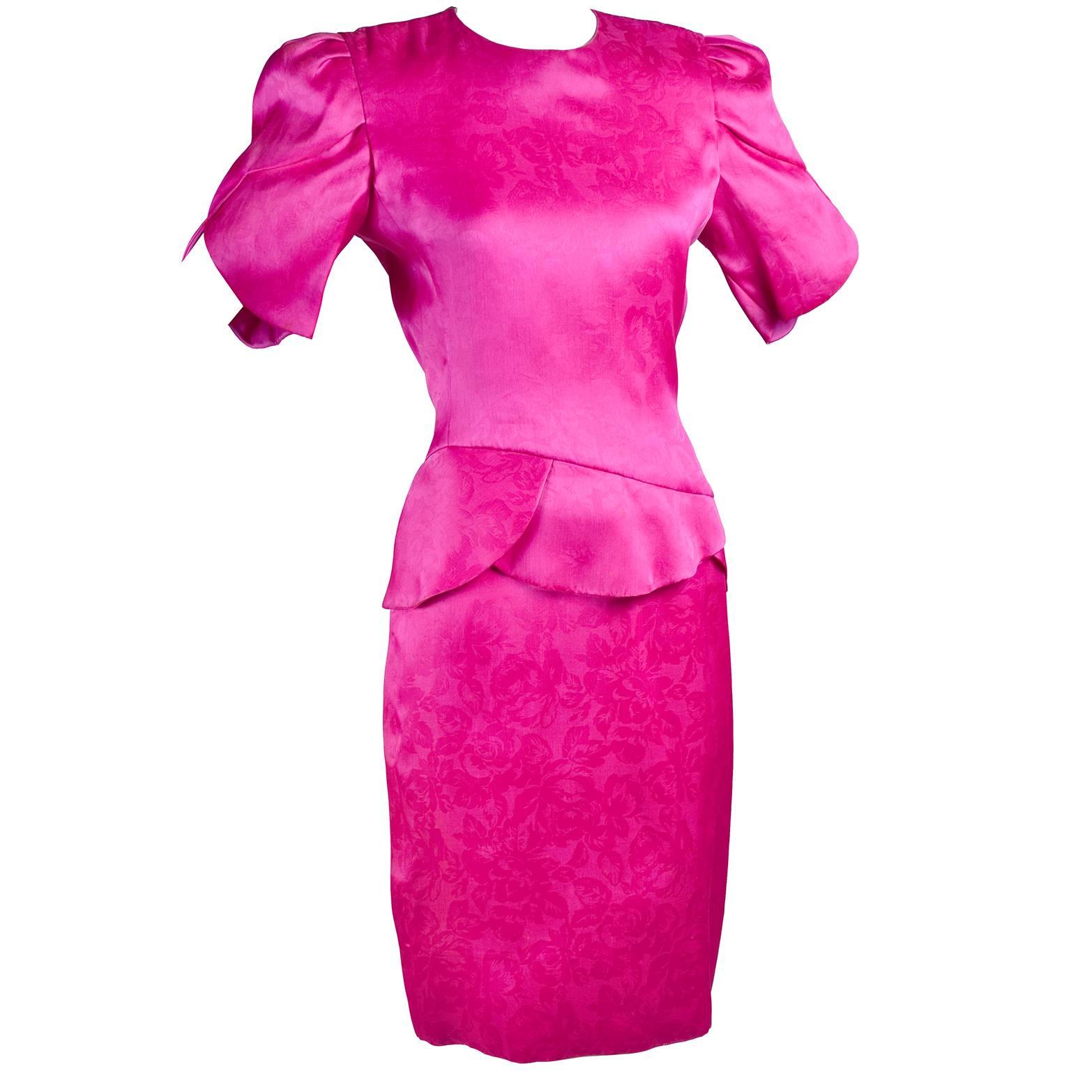 1990s Carolina Herrera Silk Dress in Pink Jacquard Print MOB or Wedding Guest