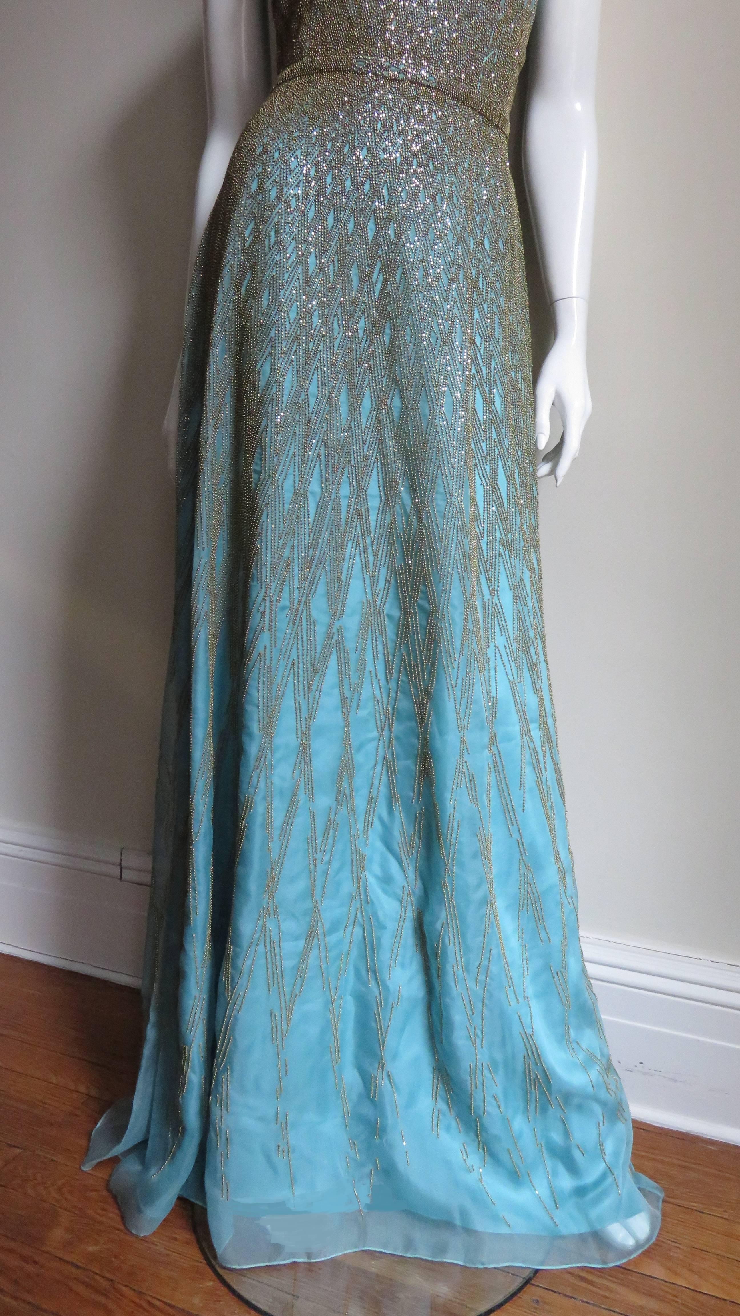 Blue Carolina Herrera Gold Beaded Silk Couture Gown and Jacket
