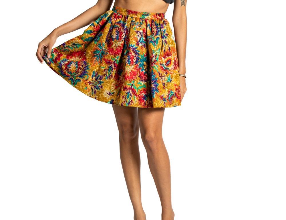 1990S CAROLYNE ROEHM Jewel-Tone Silk & Lurex Brocade Mini Skirt For Sale 1