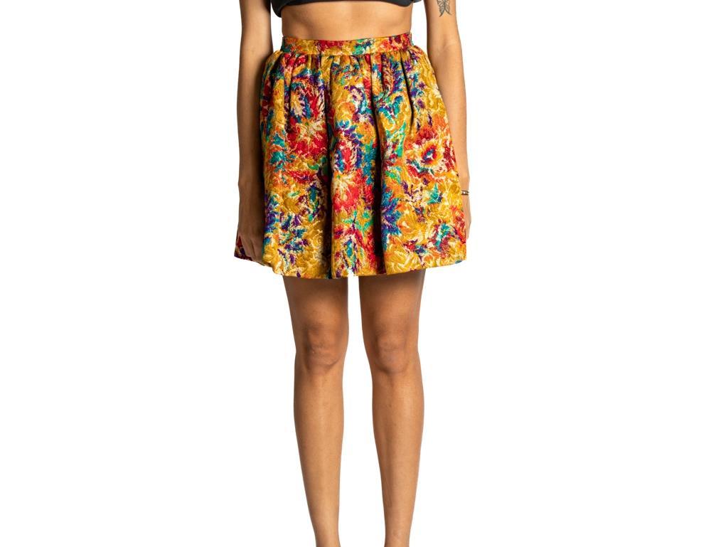 1990S CAROLYNE ROEHM Jewel-Tone Silk & Lurex Brocade Mini Skirt For Sale 2