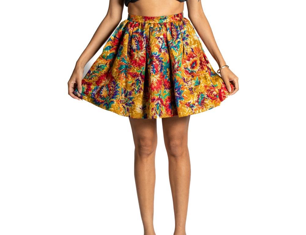 1990S CAROLYNE ROEHM Jewel-Tone Silk & Lurex Brocade Mini Skirt For Sale 4