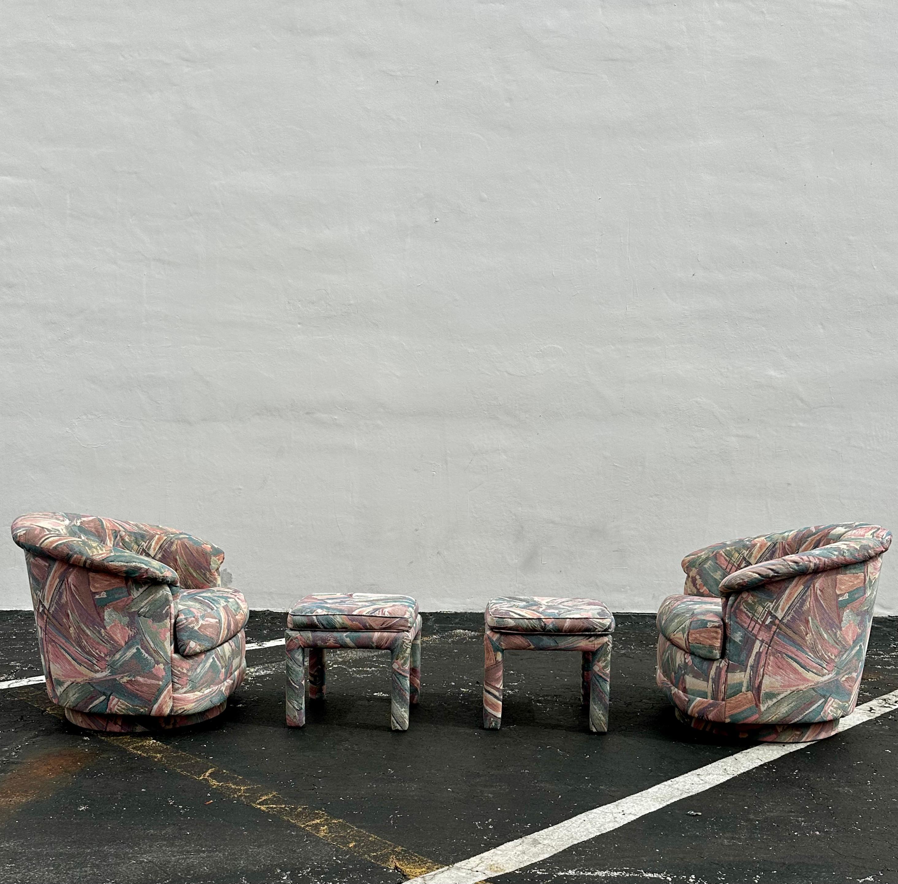 Transport yourself back to the sleek and sophisticated 1990s with this exquisite swivel chairs and footstools set. The ultra rare chairs exudes an air of luxury and refinement. Outstanding design is exhibited throughout. The luxurious chairs are a