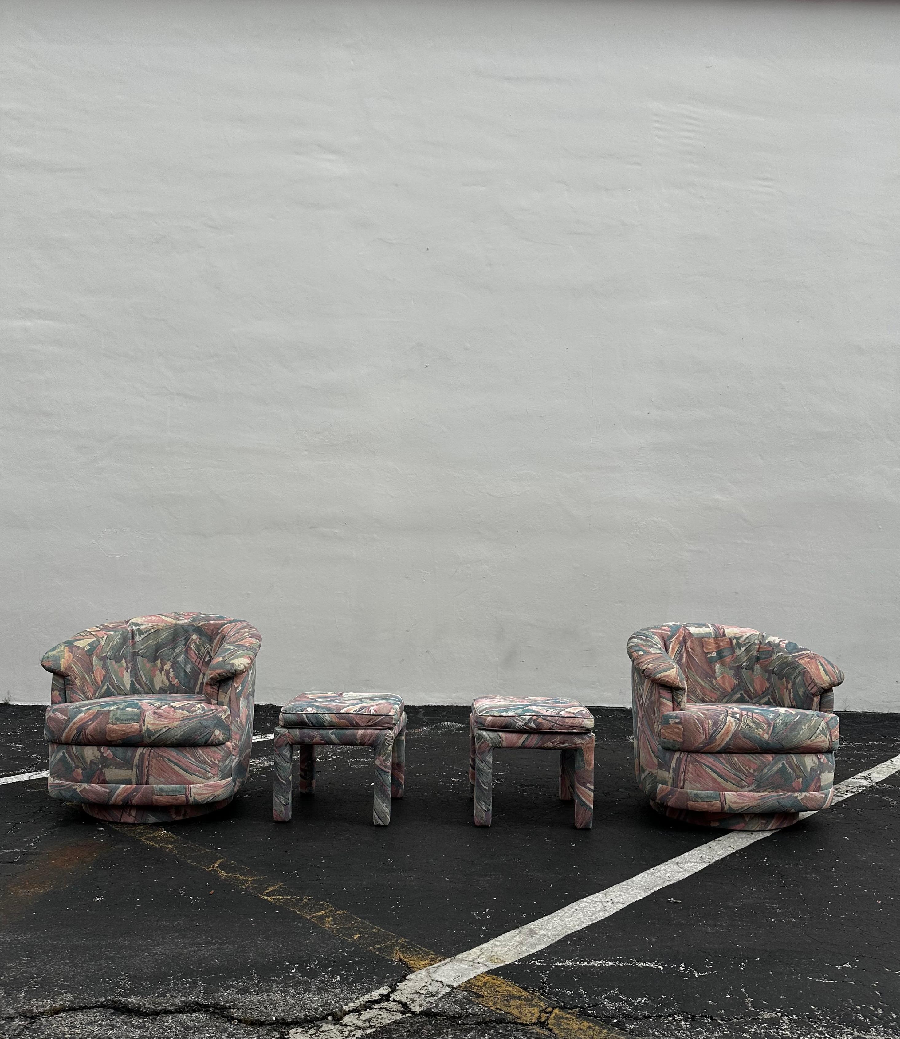 Americano 1990s Carsons Post Modern Pastel Swivel Chairs and Footstools, Set of 4 in vendita