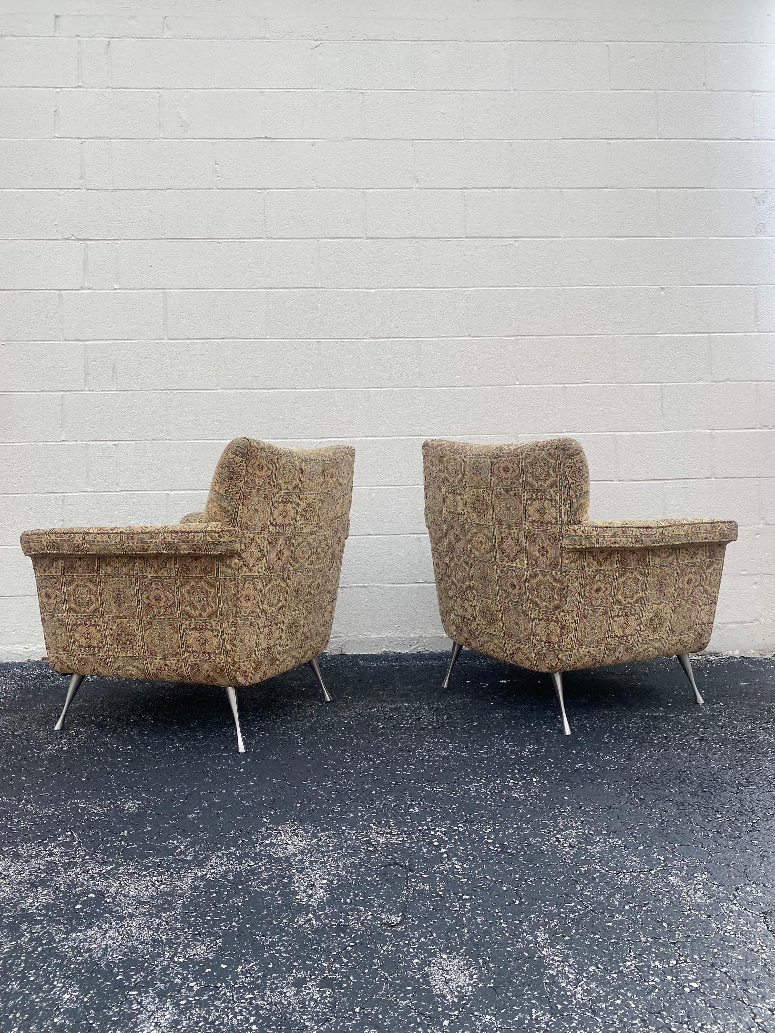 Metal 1990s Carter Sculptural Textile Pin Legs Club Chairs, Set of 2 For Sale