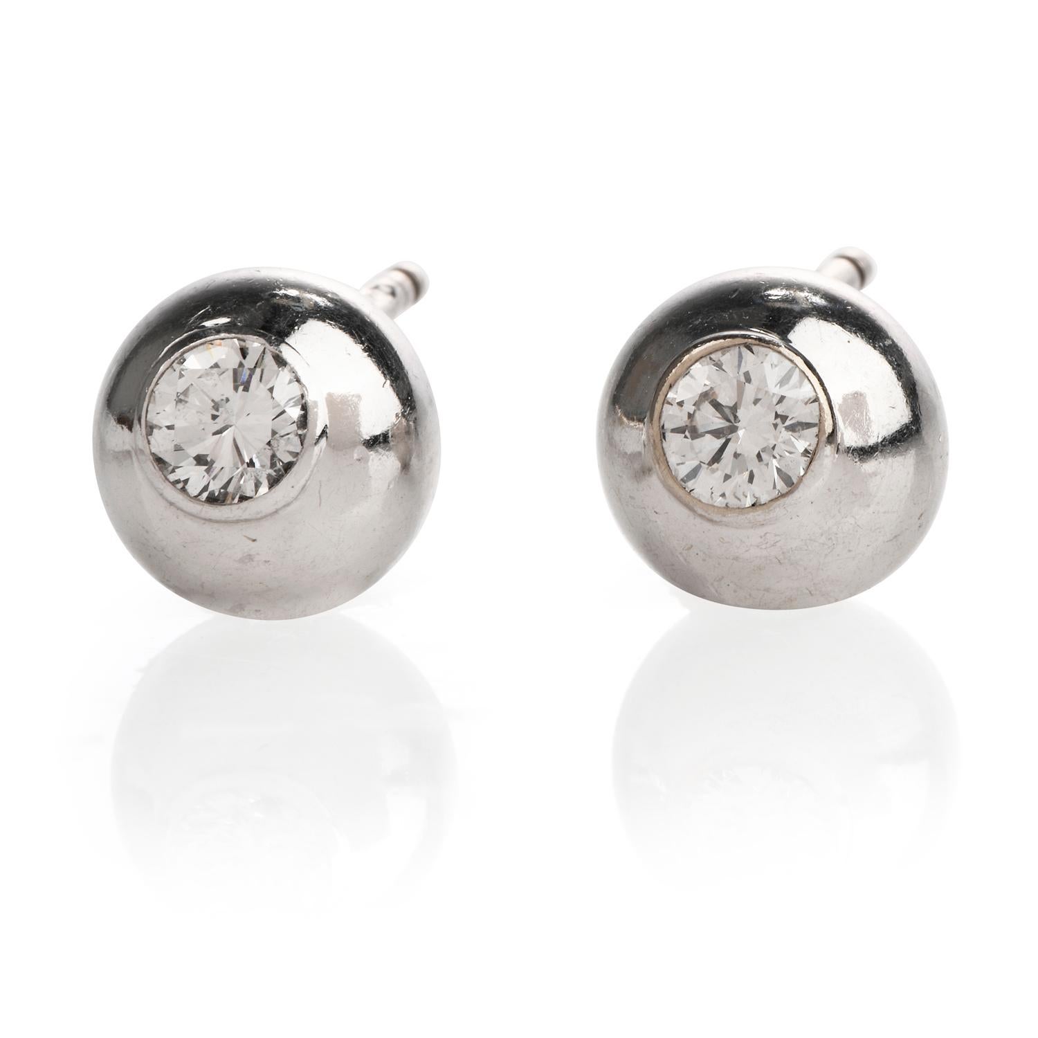 Art Deco 1990s Cartier Diamond Perles de Diamants 18 Karat White Gold Stud Earrings