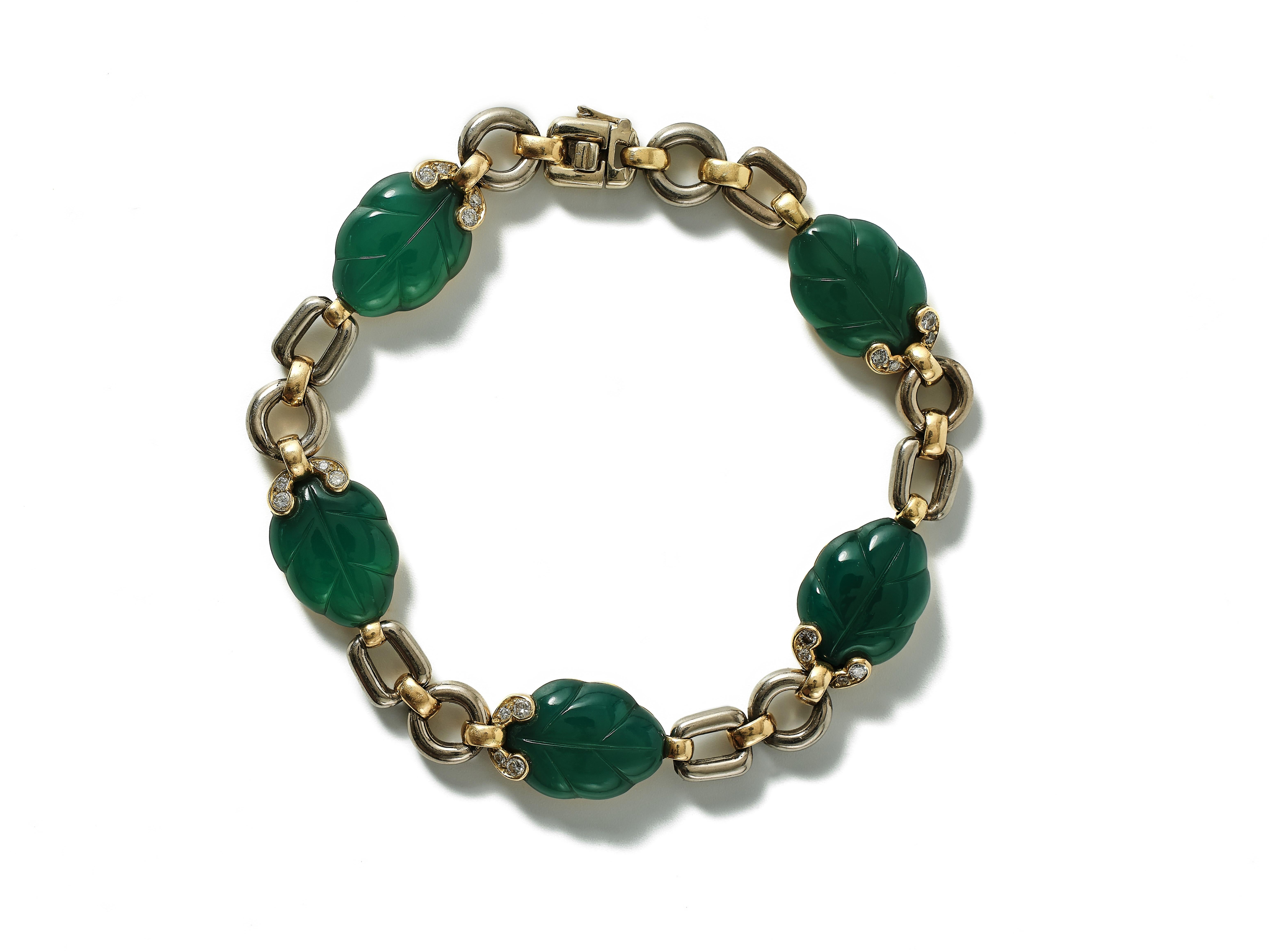 Pulsera Cartier de los años 90 con hojas de crisoprasa talladas. en Excelente estado para la venta en Malmö, Skåne län