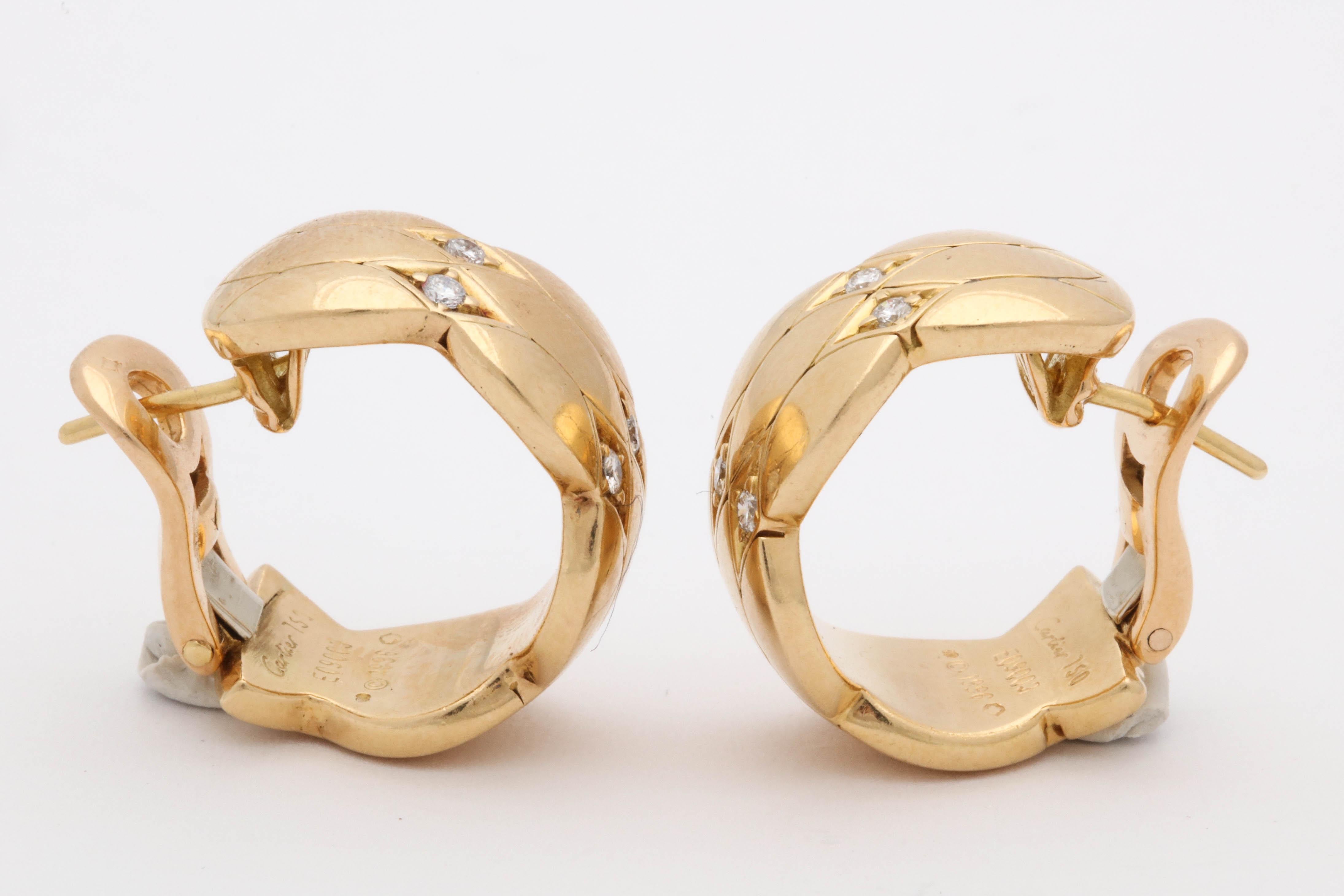 Women's 1990s Cartier Paris Quilt Pattern Diamond and Gold Half Hoop Earrings with Post