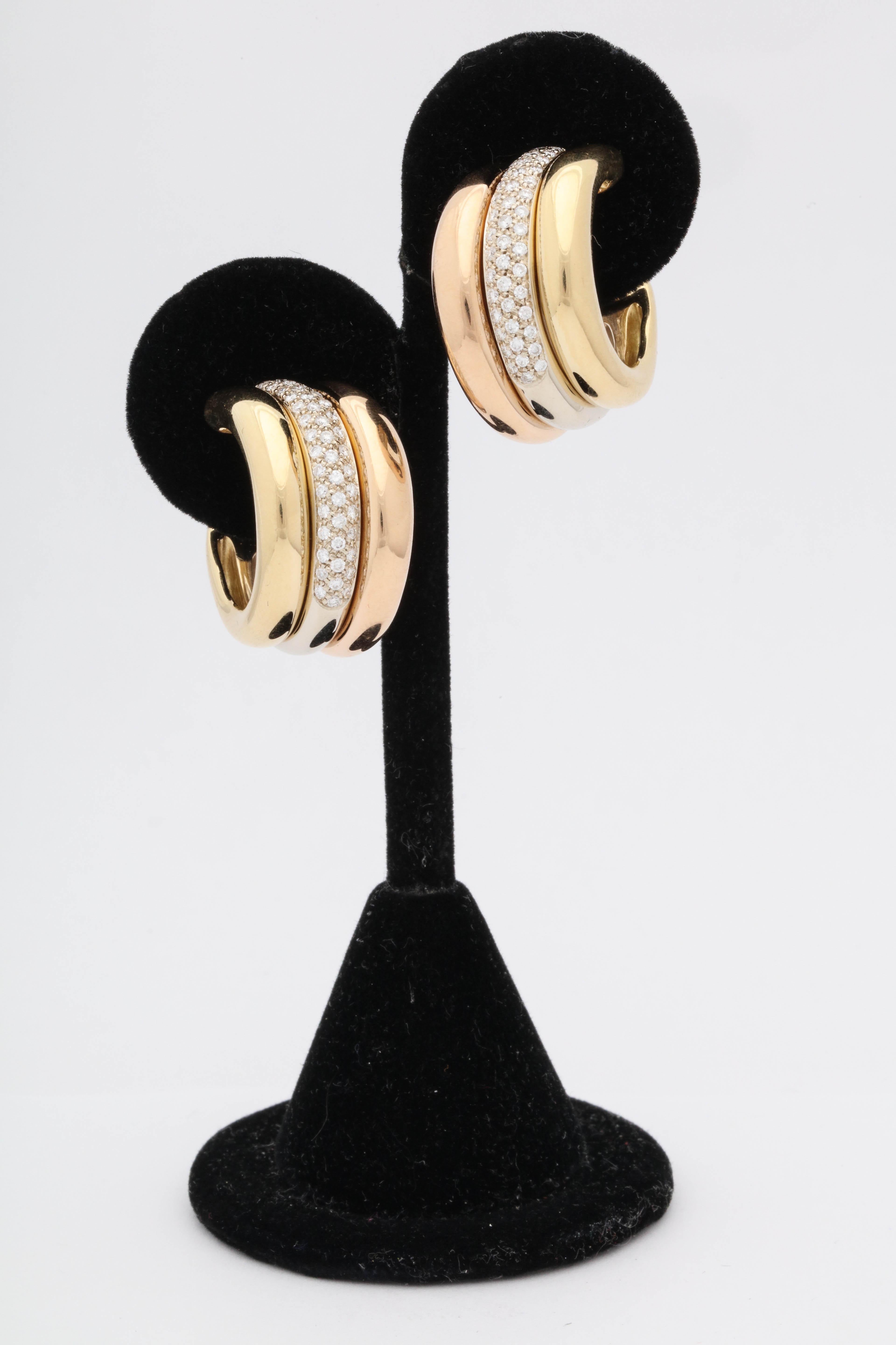 Round Cut 1990s Cartier Paris Tri-Color Triple Half Hoop Diamond and Gold Earrings