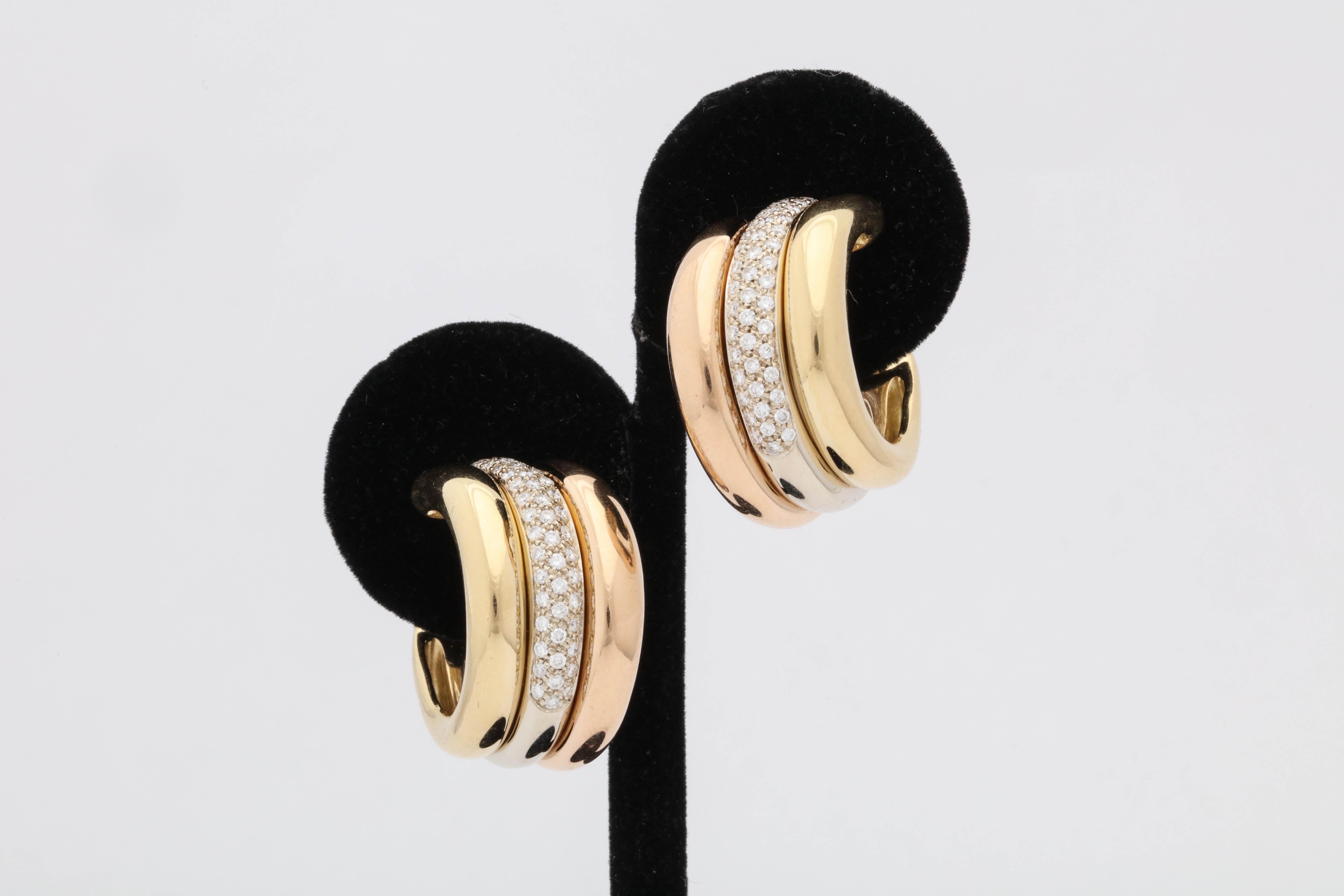 1990s Cartier Paris Tri-Color Triple Half Hoop Diamond and Gold Earrings In Good Condition In New York, NY
