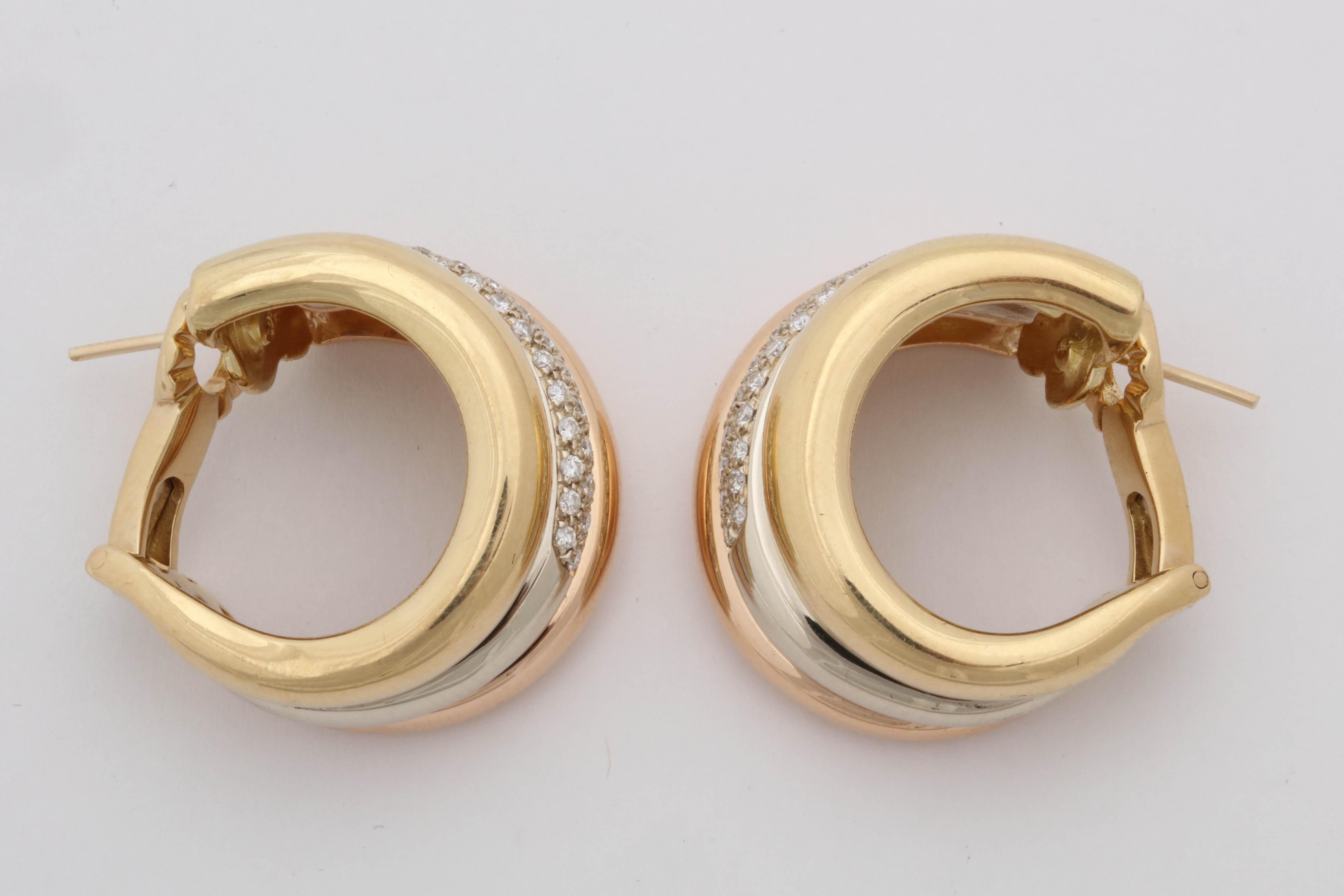 Women's 1990s Cartier Paris Tri-Color Triple Half Hoop Diamond and Gold Earrings