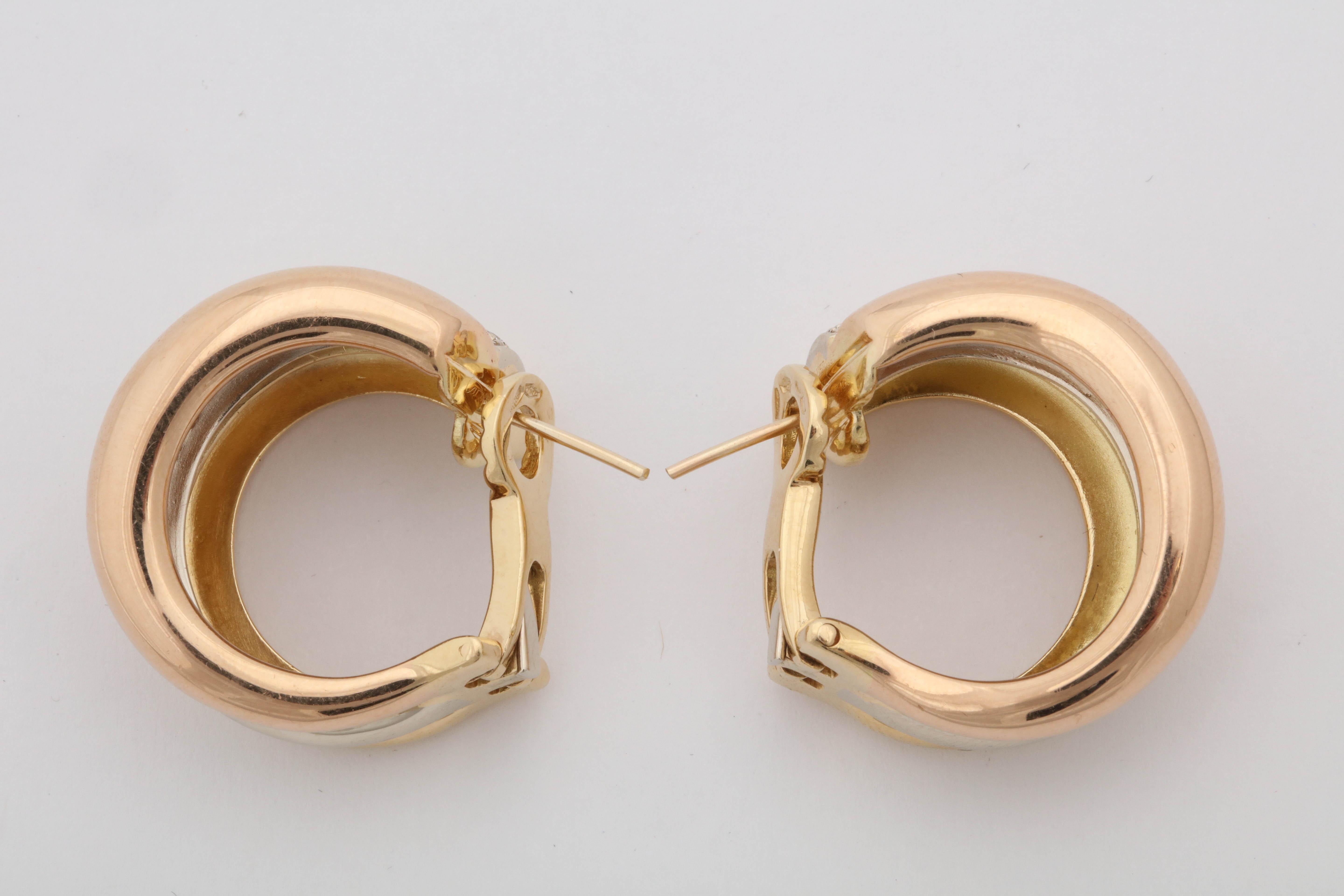 1990s Cartier Paris Tri-Color Triple Half Hoop Diamond and Gold Earrings 1
