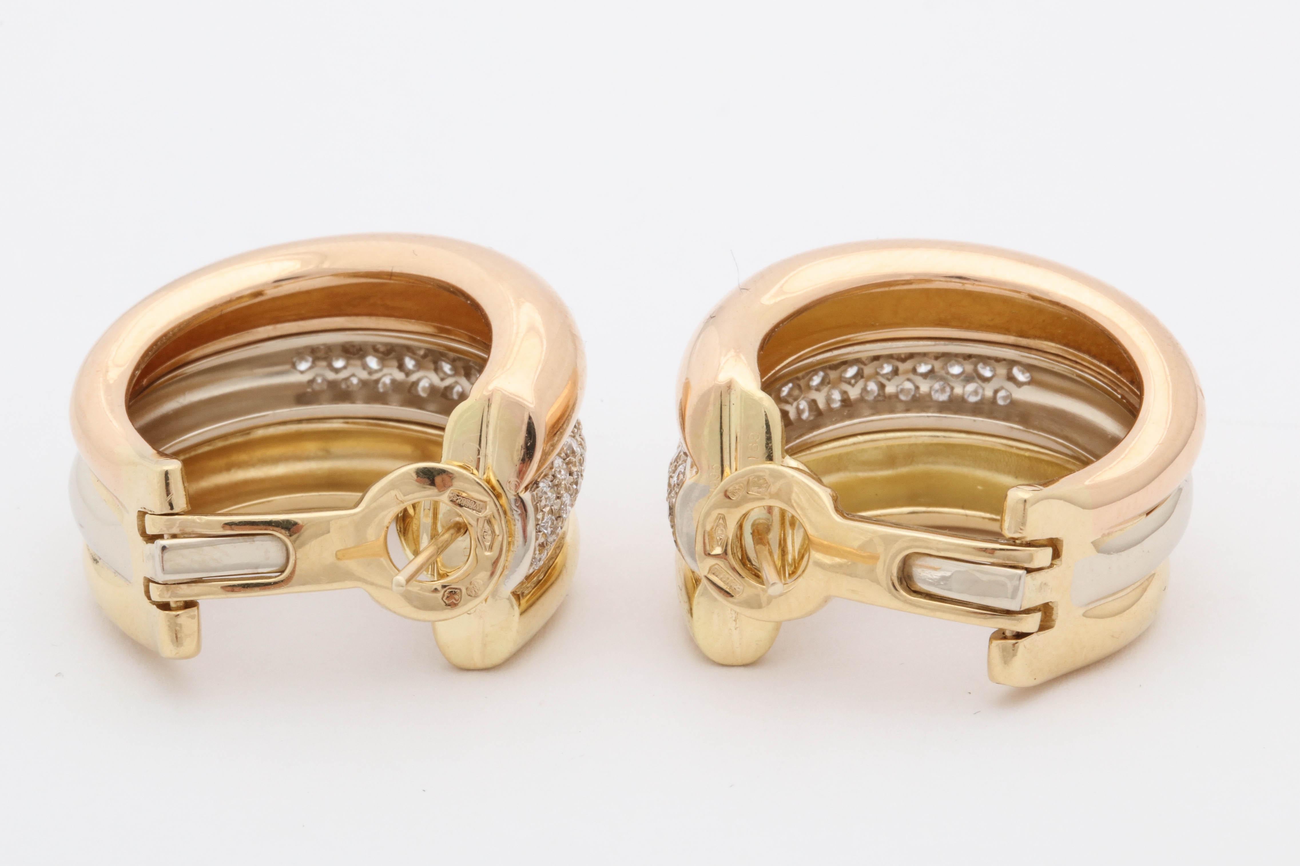 1990s Cartier Paris Tri-Color Triple Half Hoop Diamond and Gold Earrings 3