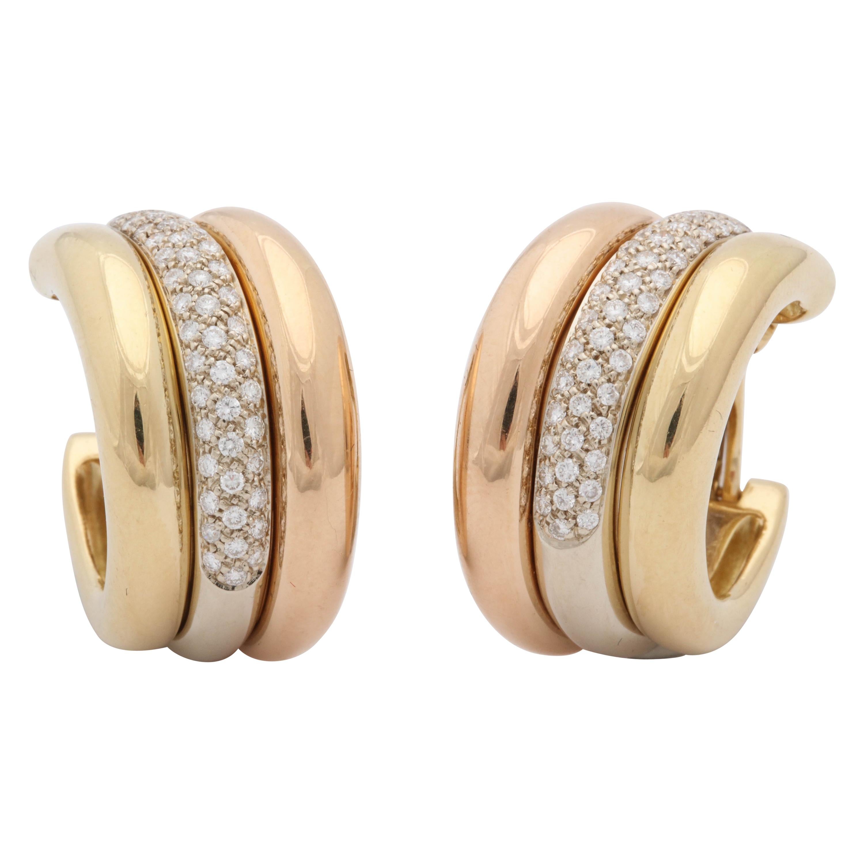 1990s Cartier Paris Tri-Color Triple Half Hoop Diamond and Gold Earrings