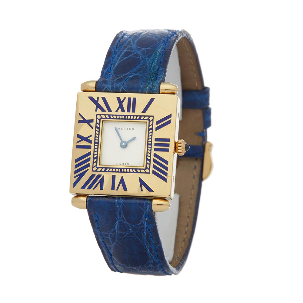 Contemporary 1990s Cartier Quadrant Yellow Gold Wristwatch
 *
 *Complete with: Presentation Box dated 1990s
 *Case Size: 25mm by 32mm
 *Strap: Blue Alligator Leather
 *Age: 1990's
 *Strap length: Adjustable up to 18cm. Please note we can order spare