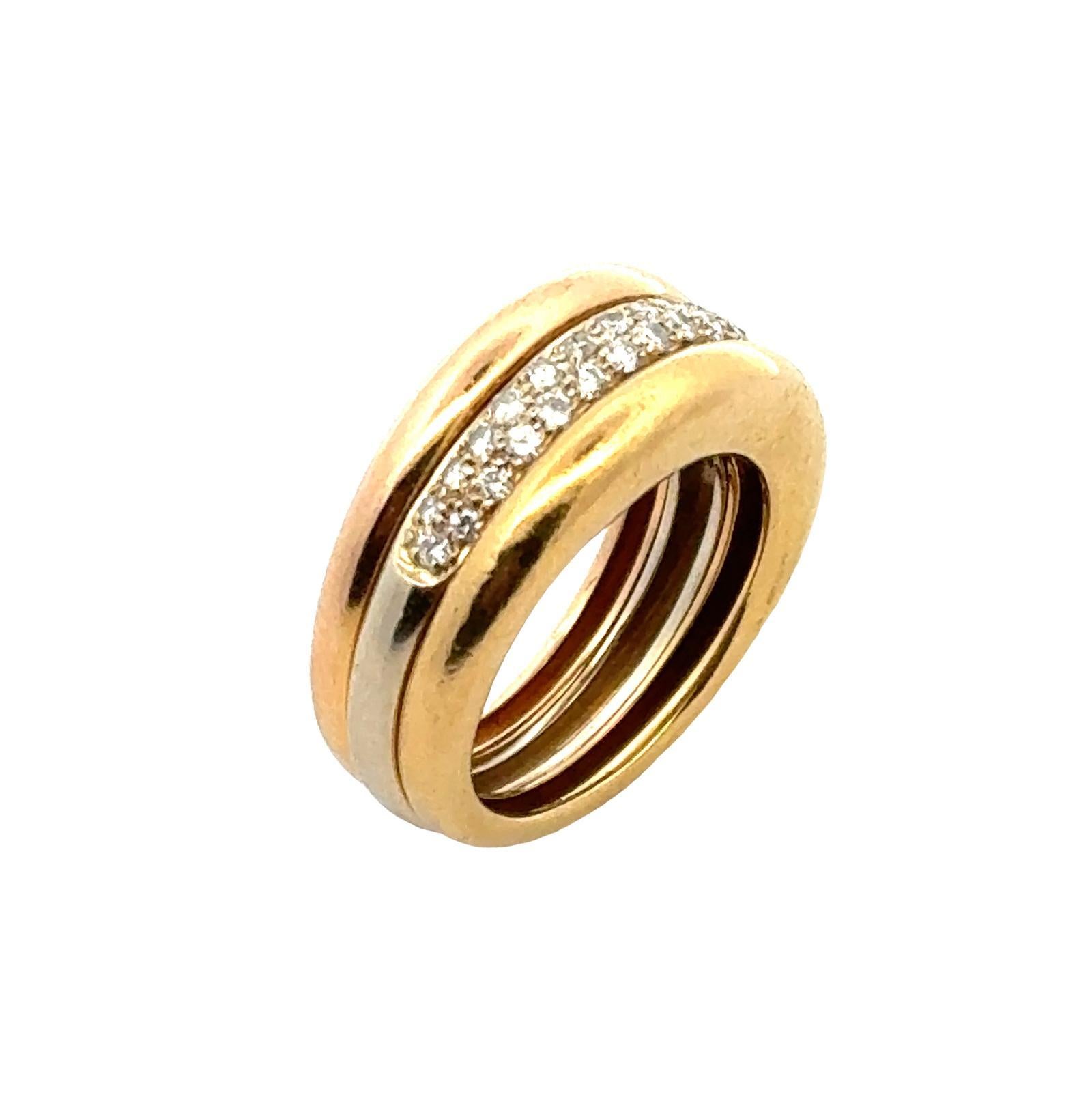 Women's 1990's Cartier Trinity Pave Diamond 18 Karat Tri-Color Gold Band Ring Sz 48 For Sale