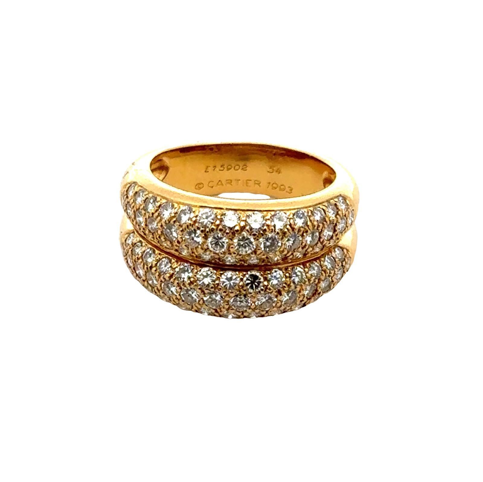 Women's 1990's Cartier Two Row Diamond 18 Karat Yellow Gold Vintage Band Ring Size 54 For Sale