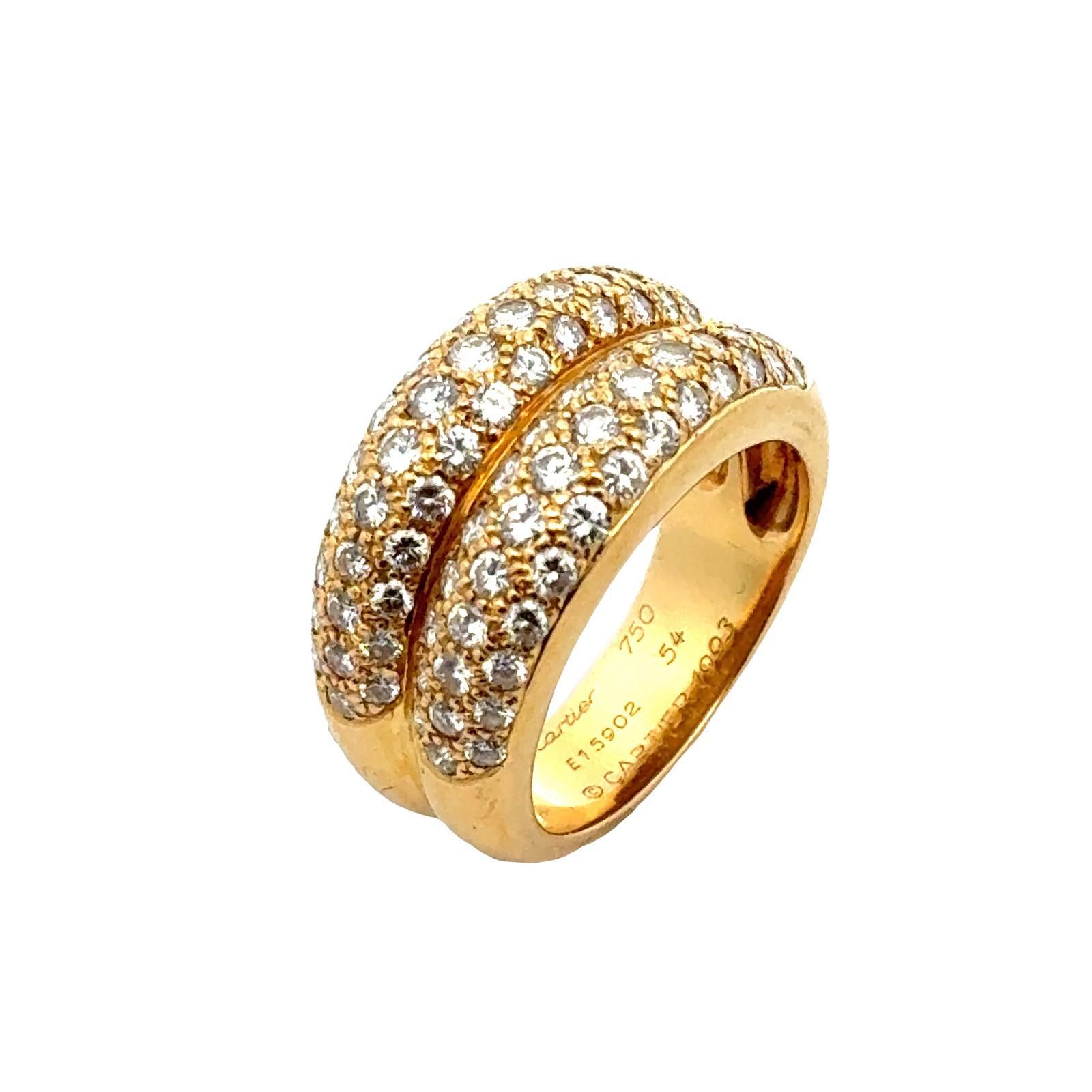 1990's Cartier Two Row Diamond 18 Karat Yellow Gold Vintage Band Ring Size 54 1