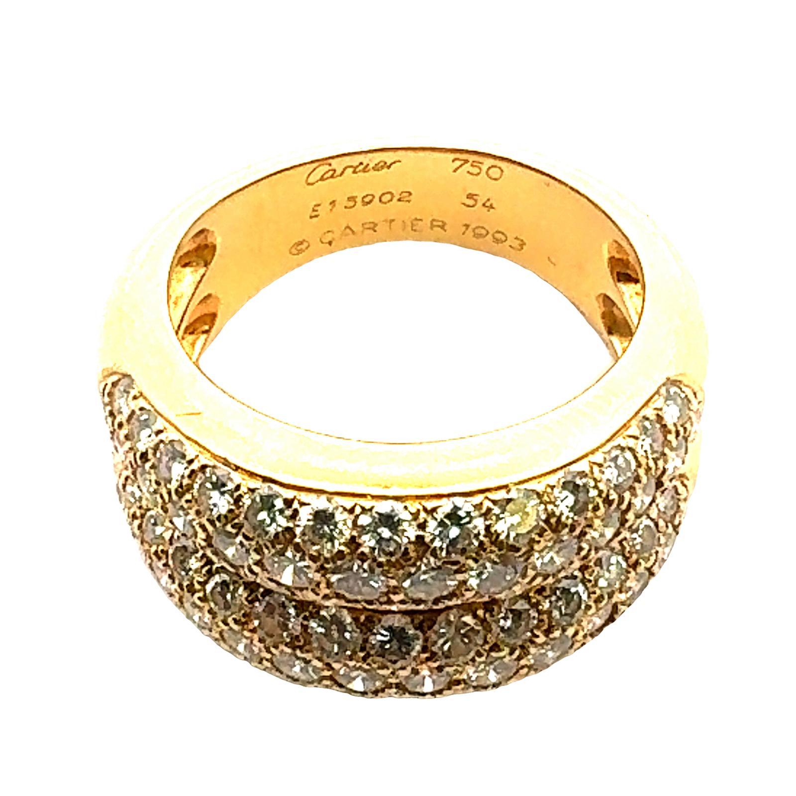 1990's Cartier Two Row Diamond 18 Karat Yellow Gold Vintage Band Ring Size 54 2