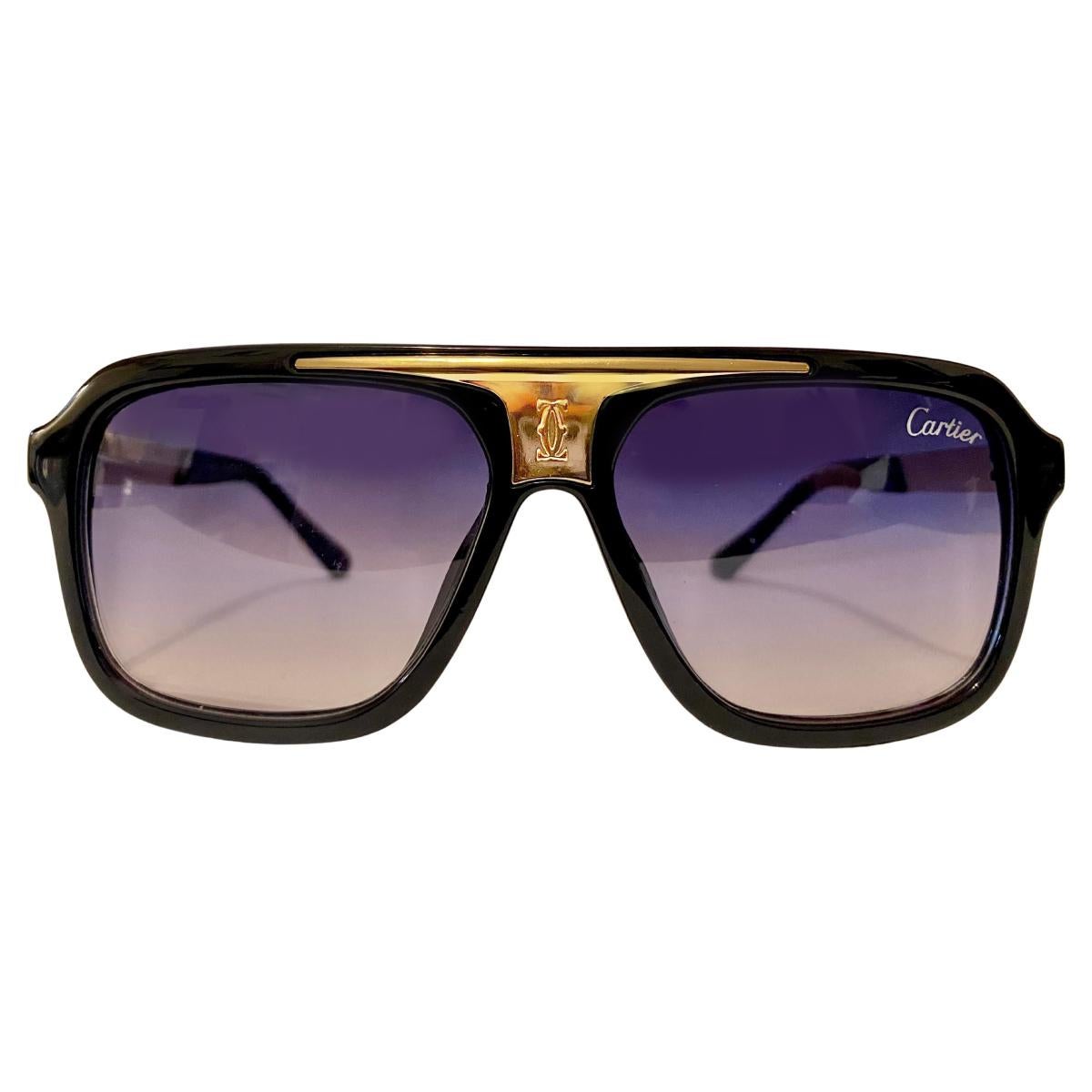 1990 Lunettes de soleil en résine noire plaquée or de Cartier Vendome en vente 1