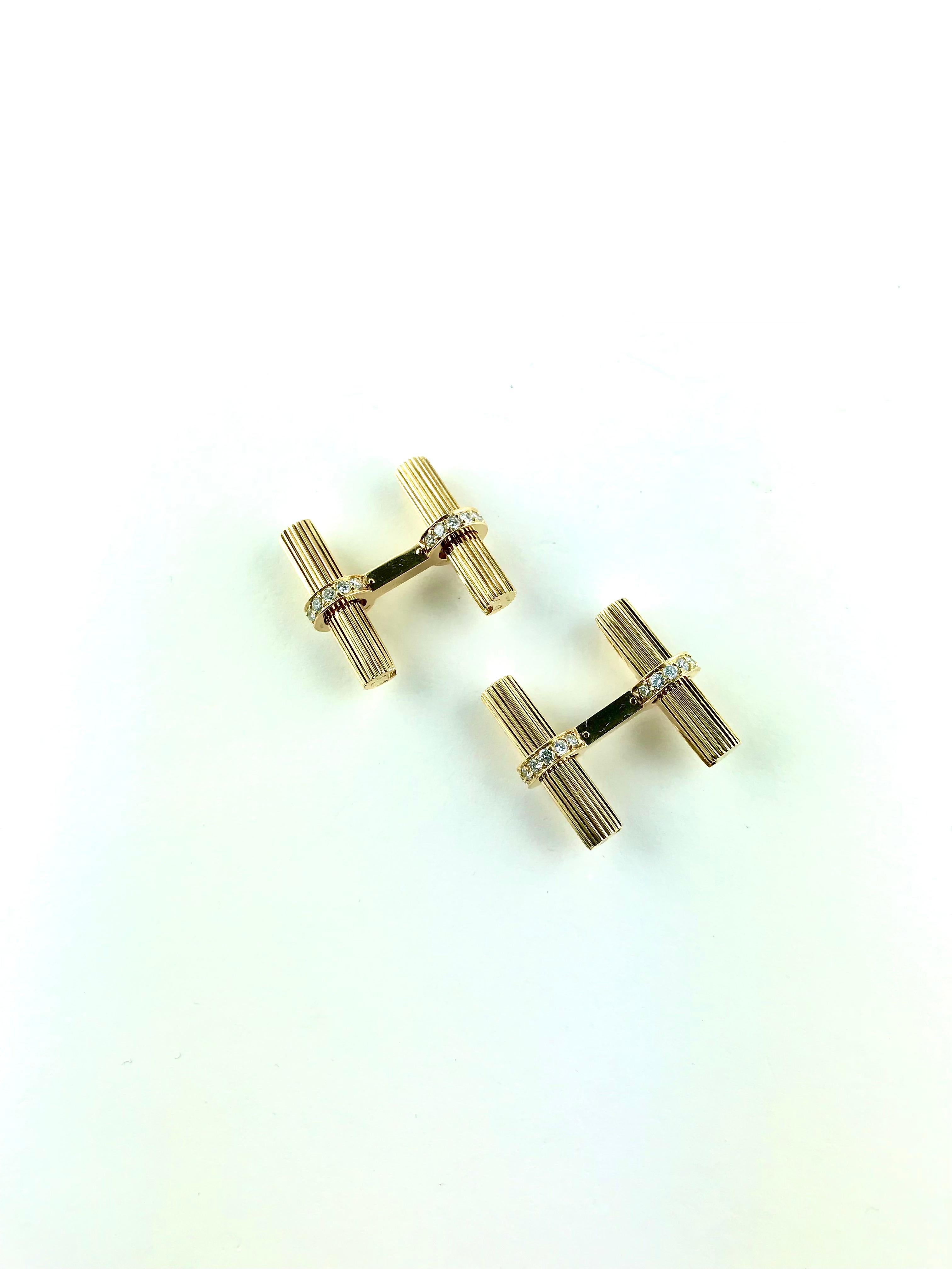 Round Cut 1990’s Cartier Yellow Gold and Diamond Baton Cufflinks For Sale