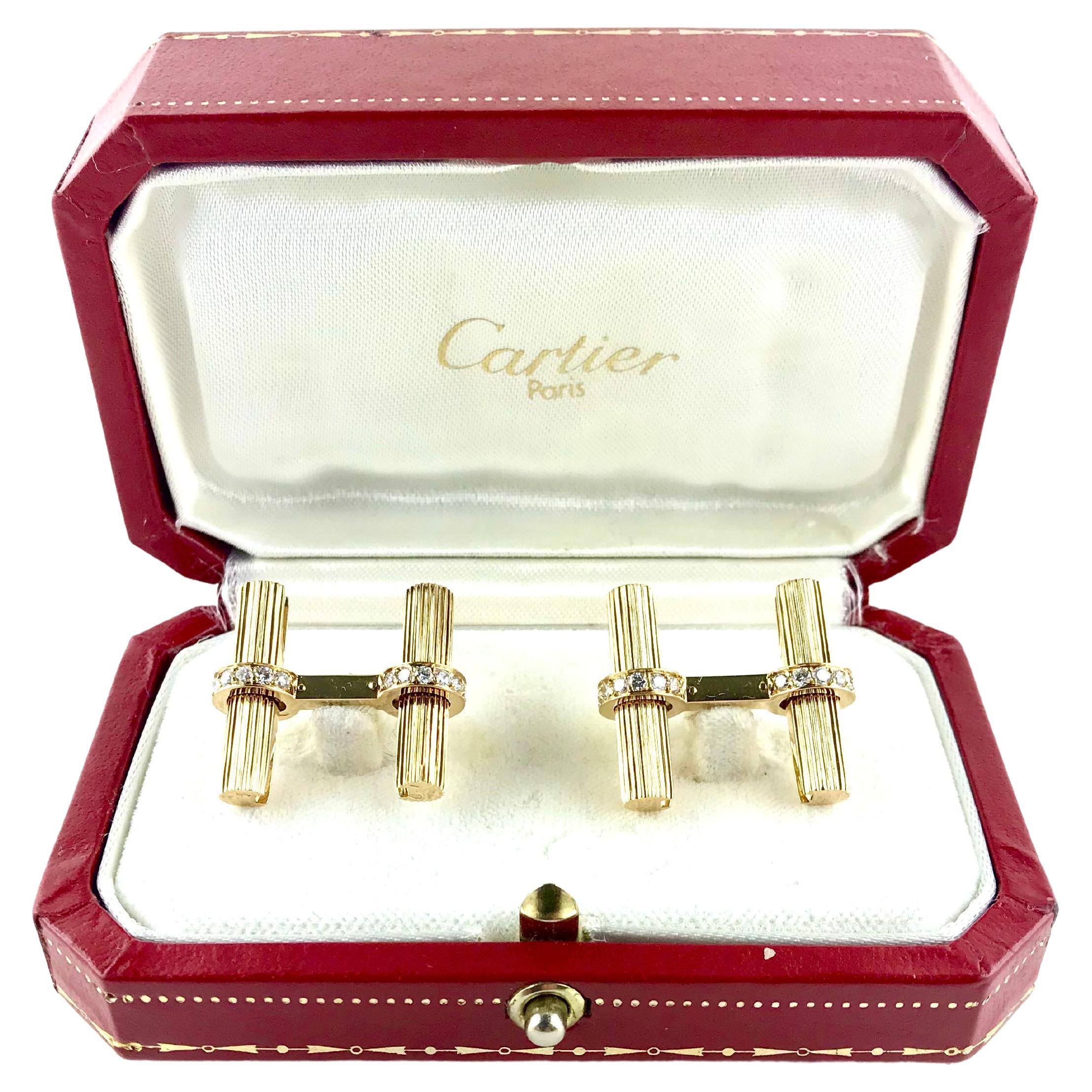 1990’s Cartier Yellow Gold and Diamond Baton Cufflinks For Sale