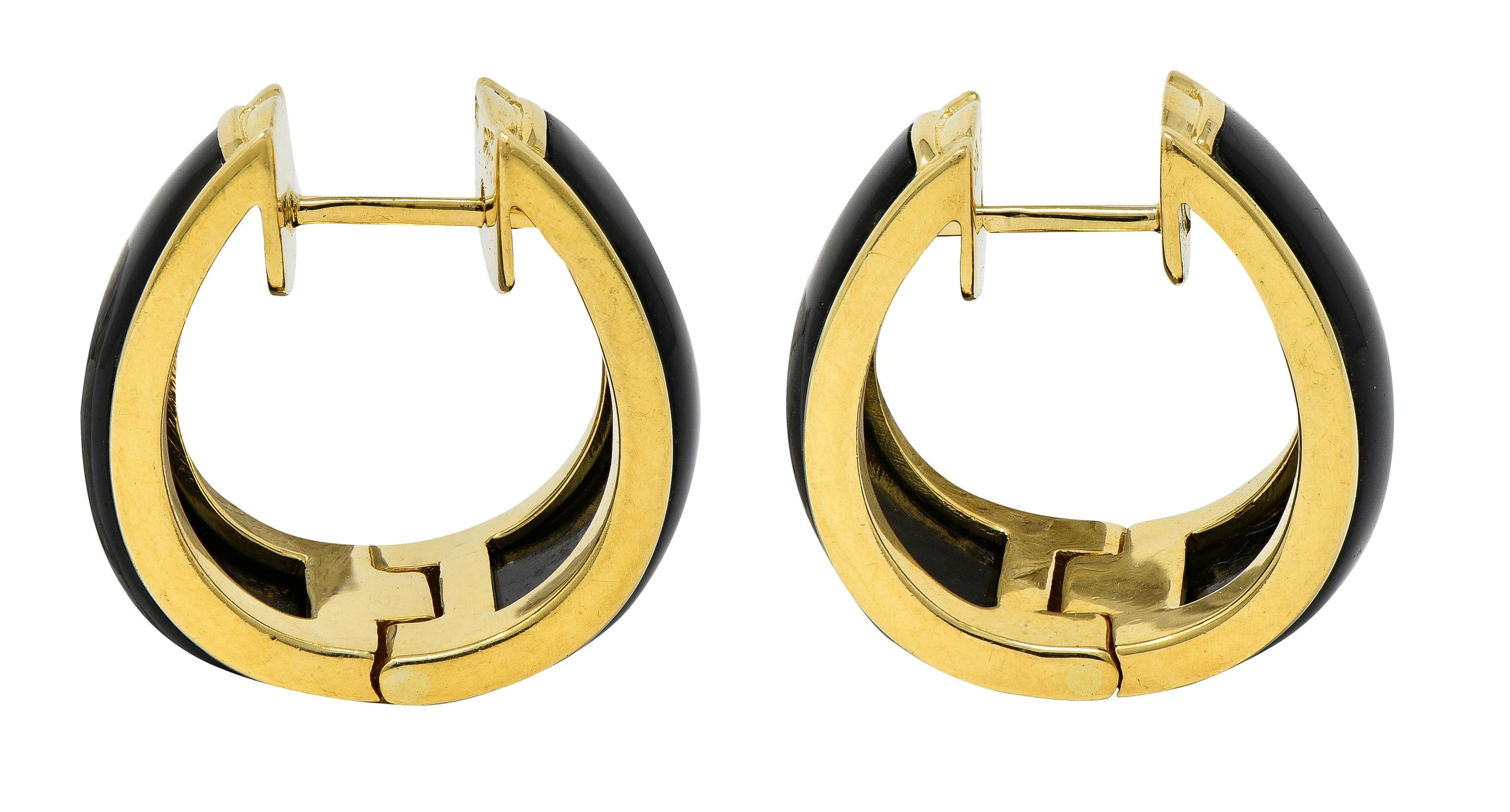 Cabochon 1990's Carved Black Jade 18 Karat Yellow Gold Vintage Huggie Earrings For Sale
