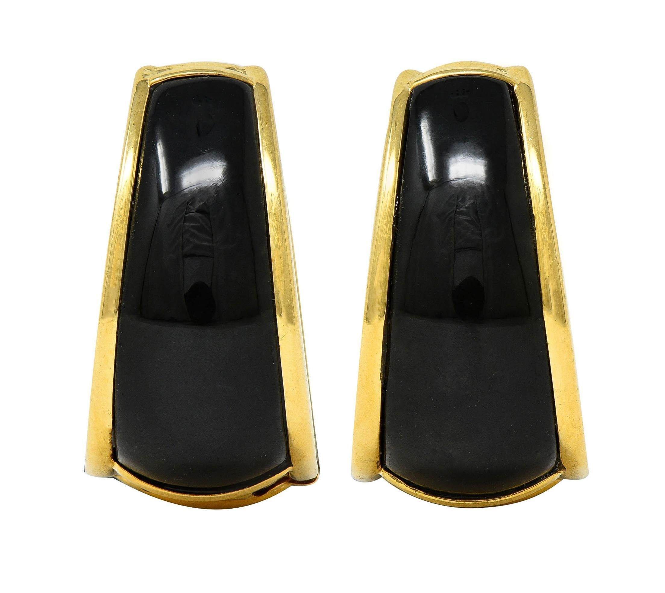 1990's Carved Black Jade 18 Karat Yellow Gold Vintage Huggie Earrings In Excellent Condition For Sale In Philadelphia, PA