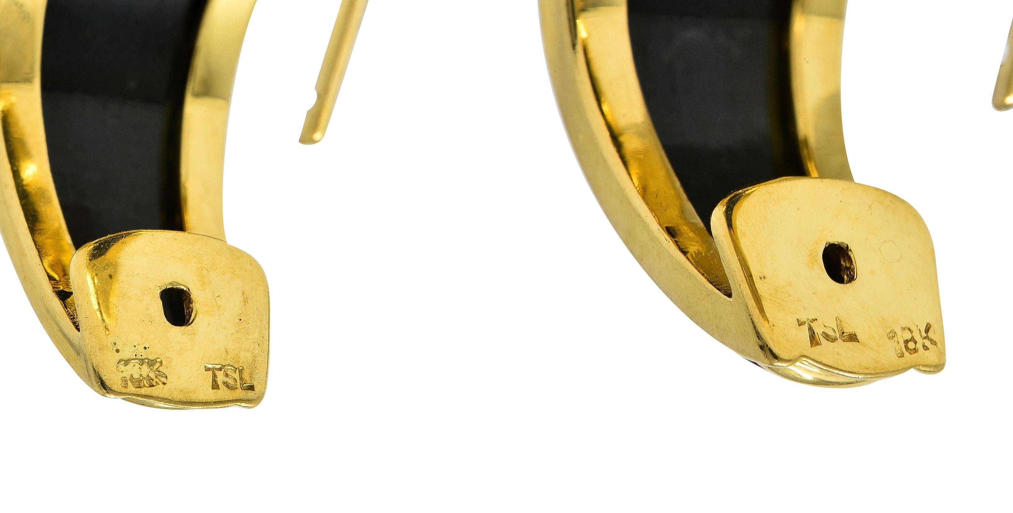 Women's or Men's 1990's Carved Black Jade 18 Karat Yellow Gold Vintage Huggie Earrings For Sale