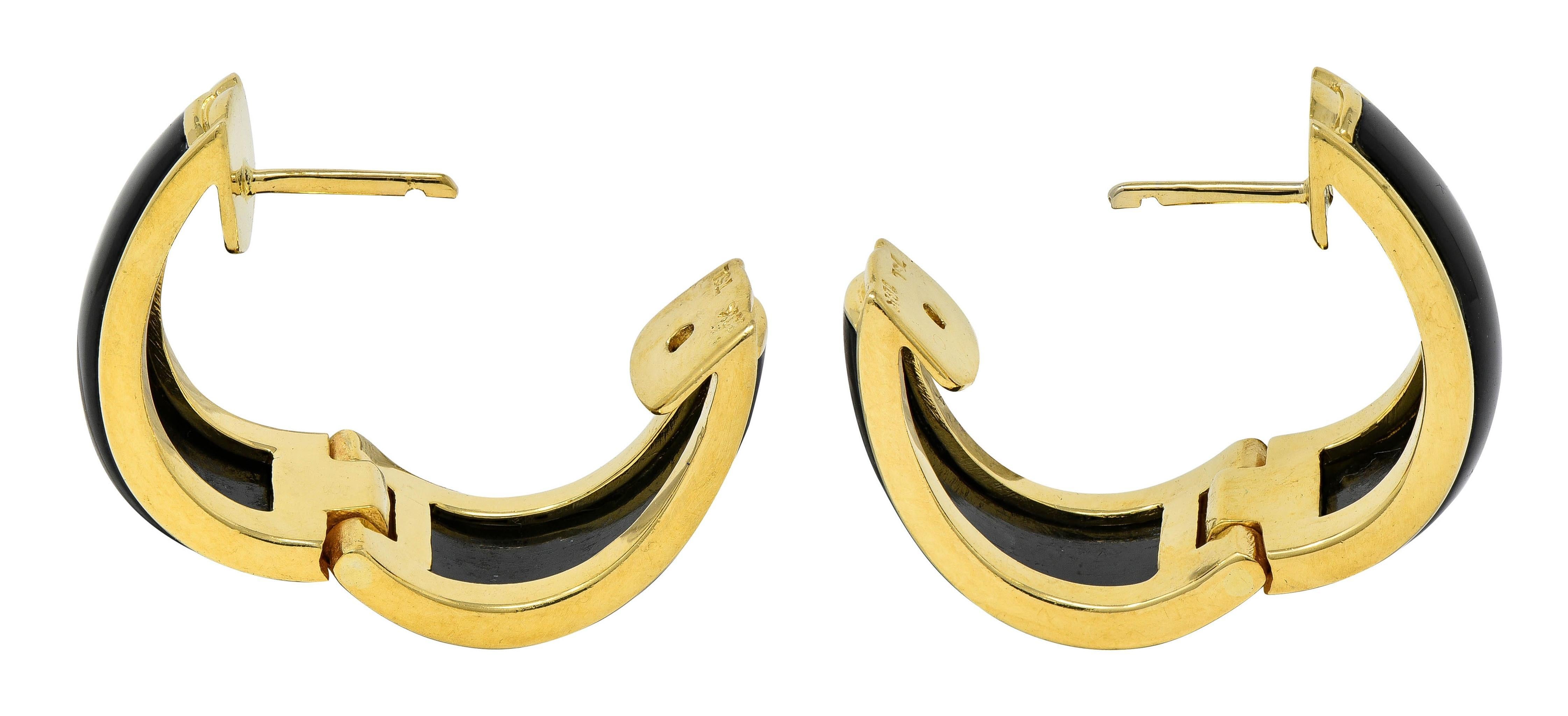 1990's Carved Black Jade 18 Karat Yellow Gold Vintage Huggie Earrings For Sale 1
