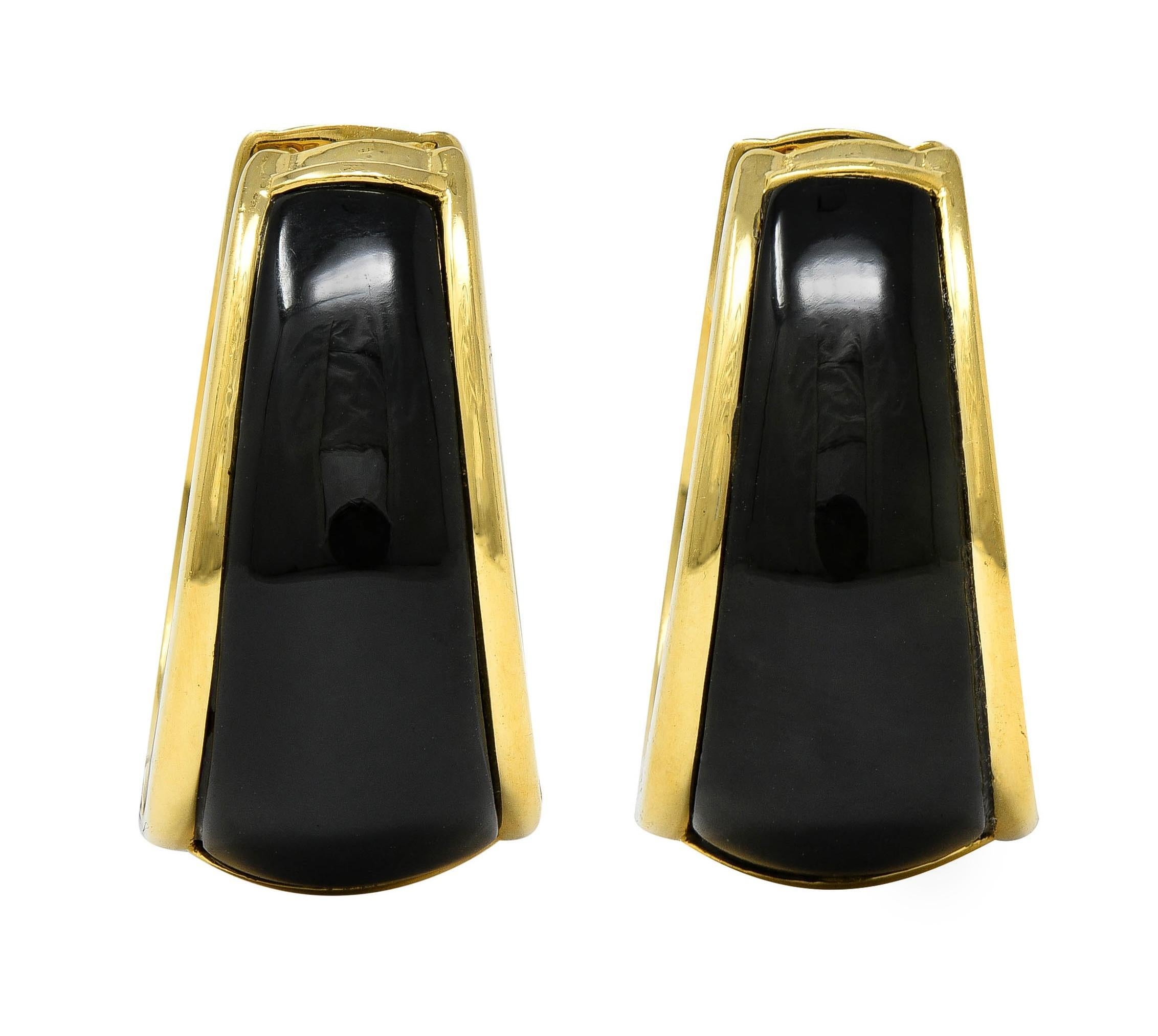 1990's Carved Black Jade 18 Karat Yellow Gold Vintage Huggie Earrings For Sale