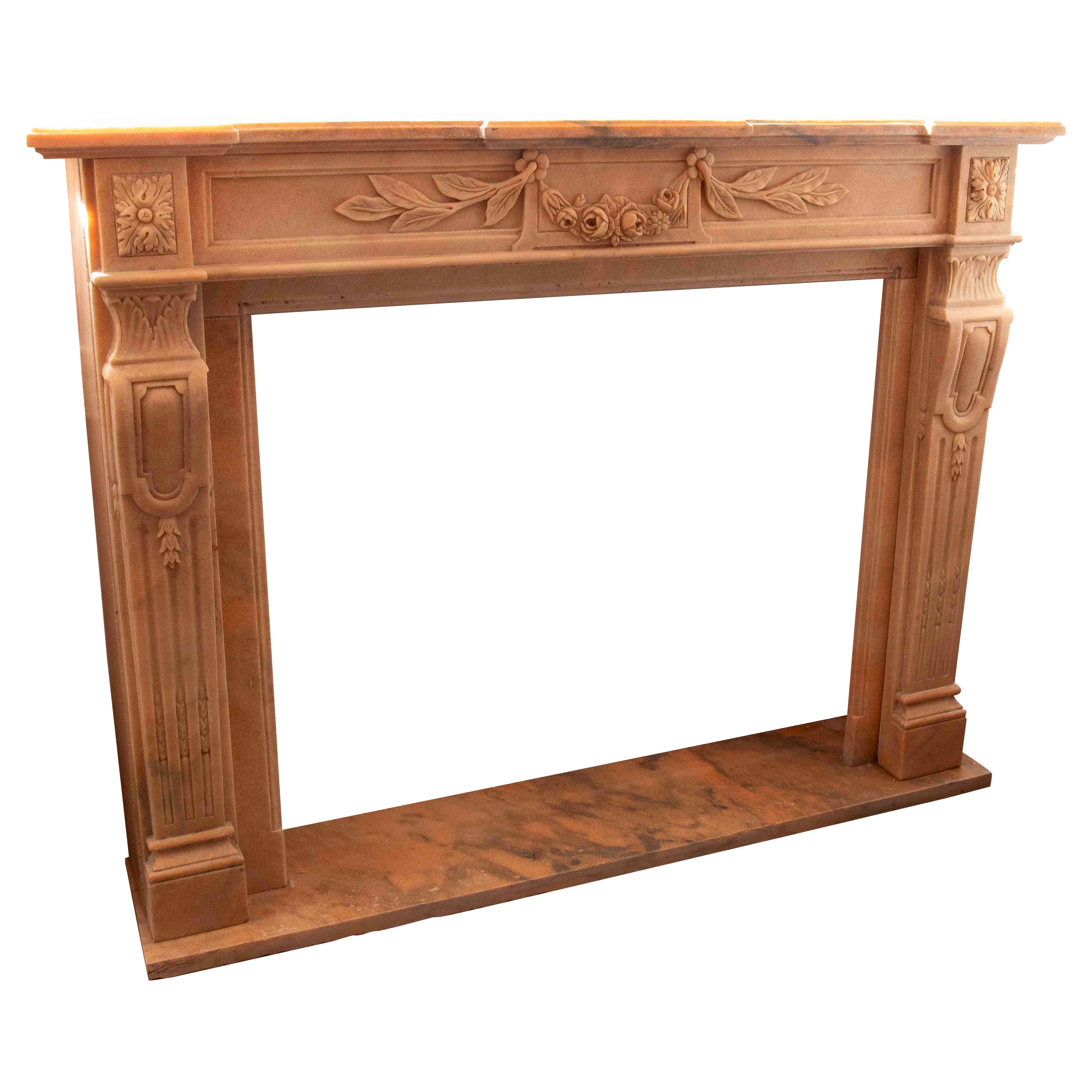 1990s Carved Marble Fireplace with Floral Motifs, Louis XVI Style