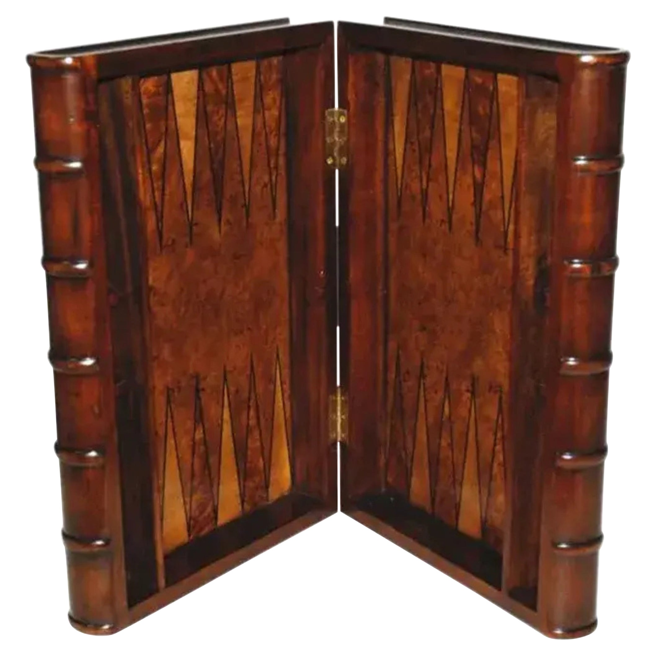 1990s Carved Wood Faux Leather Book Box with Backgammon