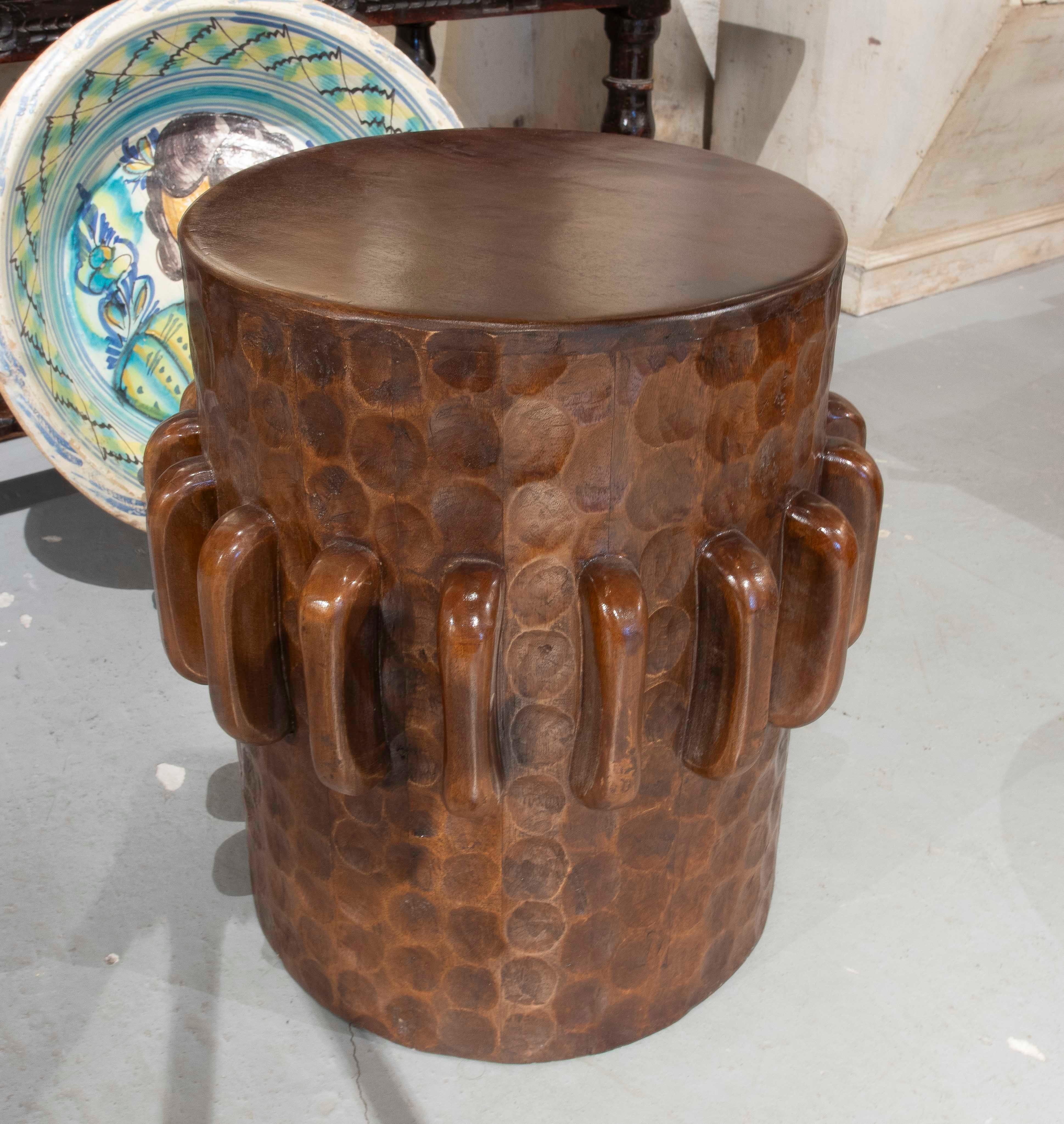 European 1990s Carved Wooden Stool with Ethnic Design For Sale