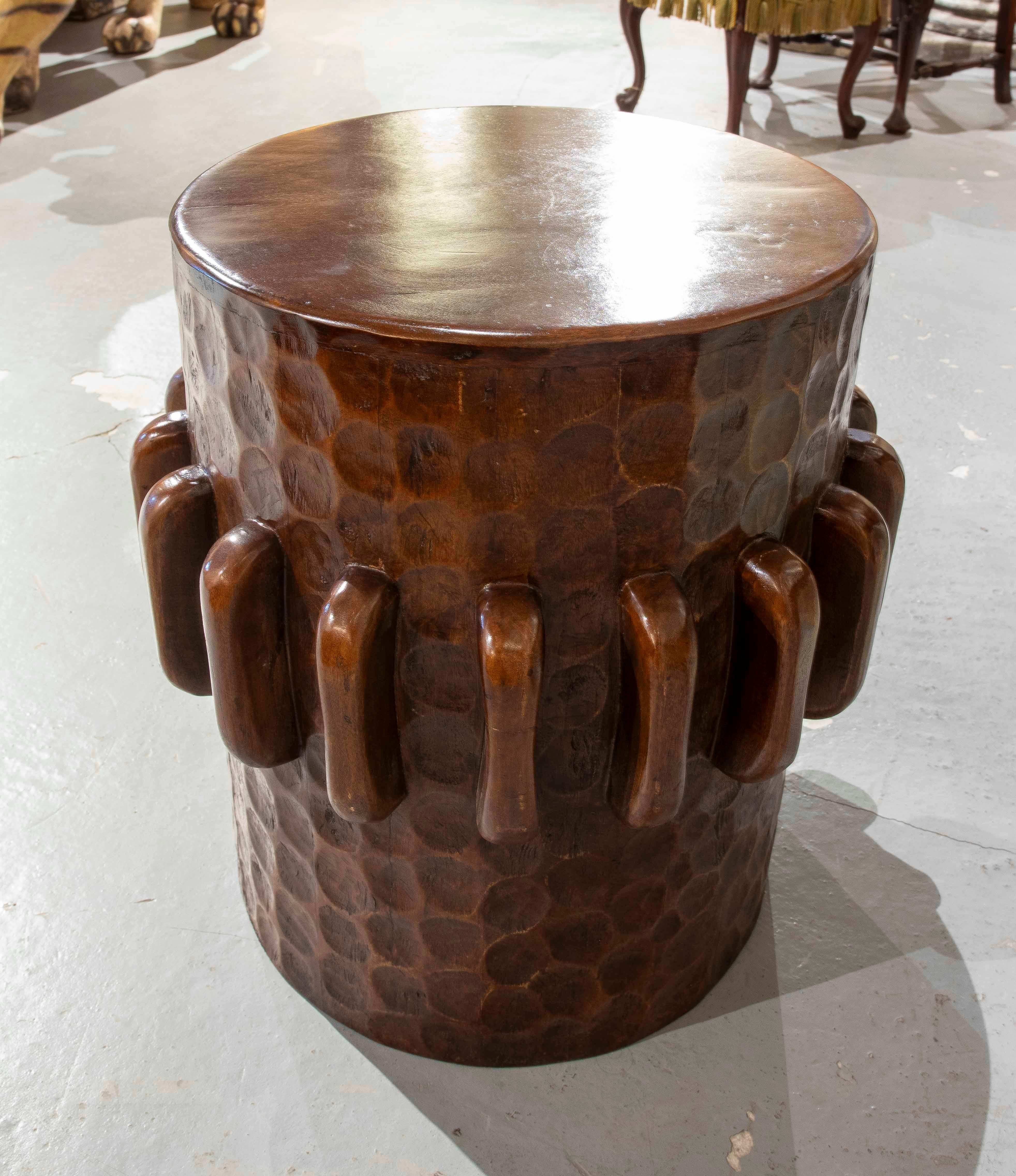 20th Century 1990s Carved Wooden Stool with Ethnic Design For Sale