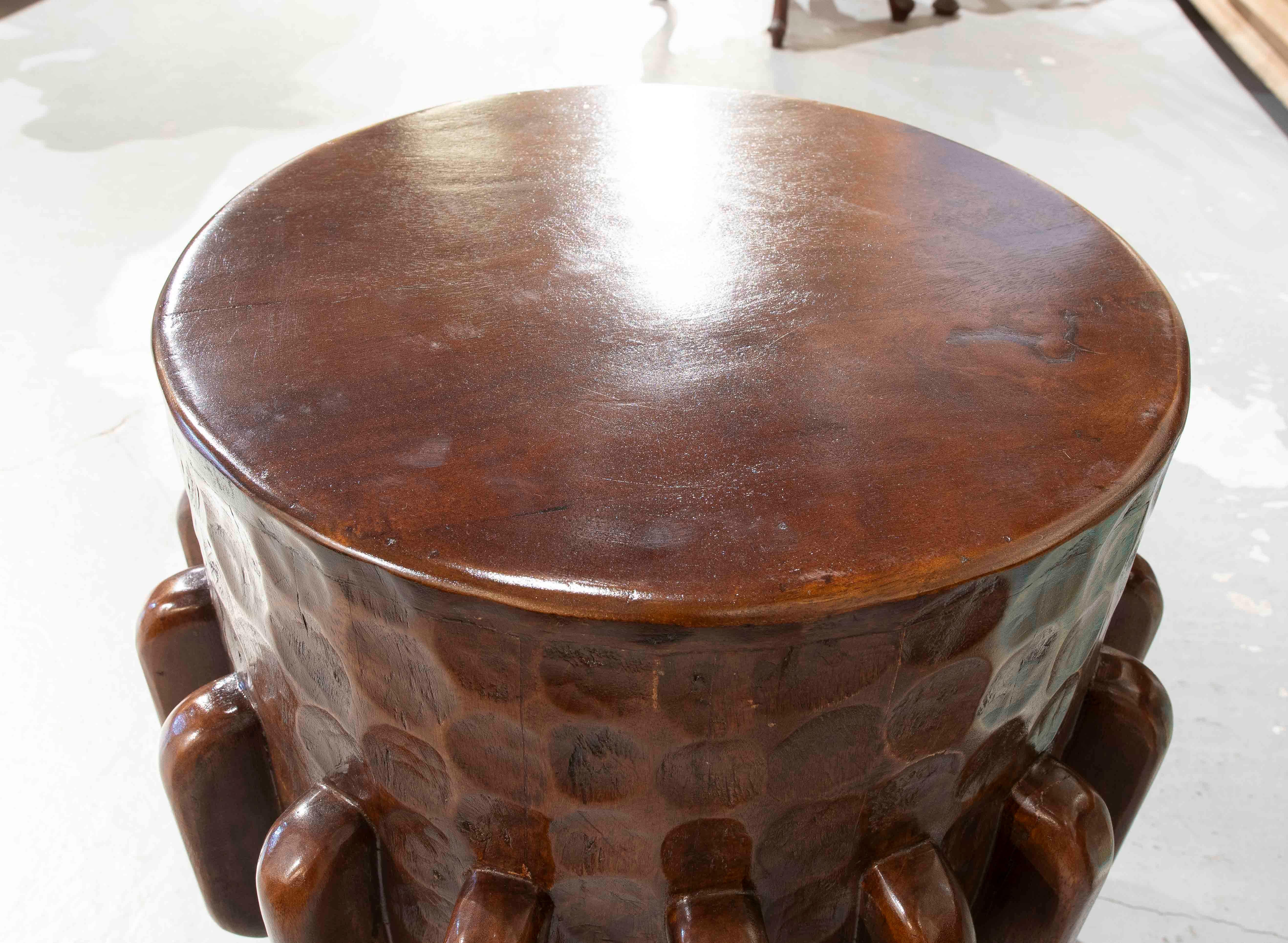 1990s Carved Wooden Stool with Ethnic Design For Sale 1