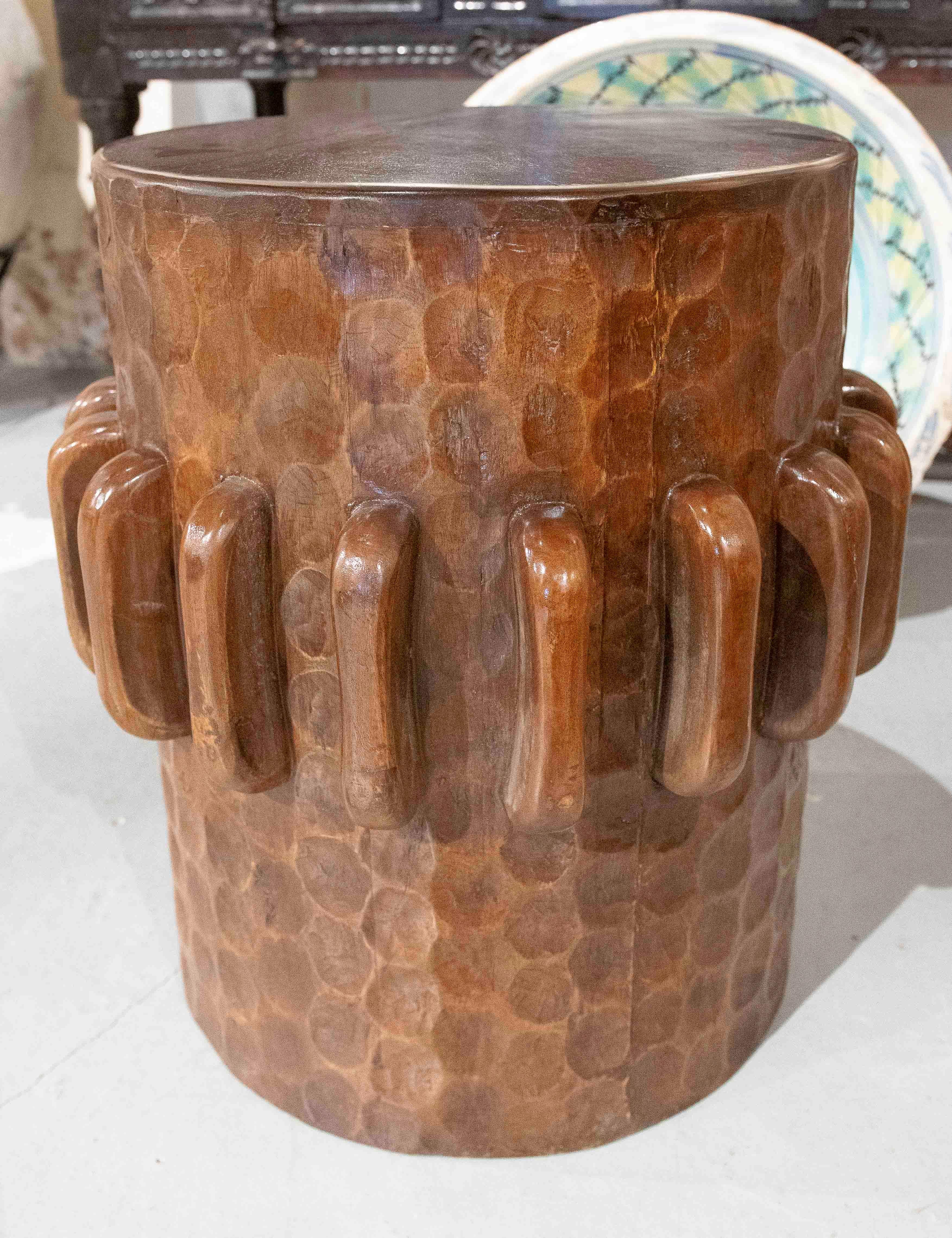 1990s Carved Wooden Stool with Ethnic Design For Sale 2