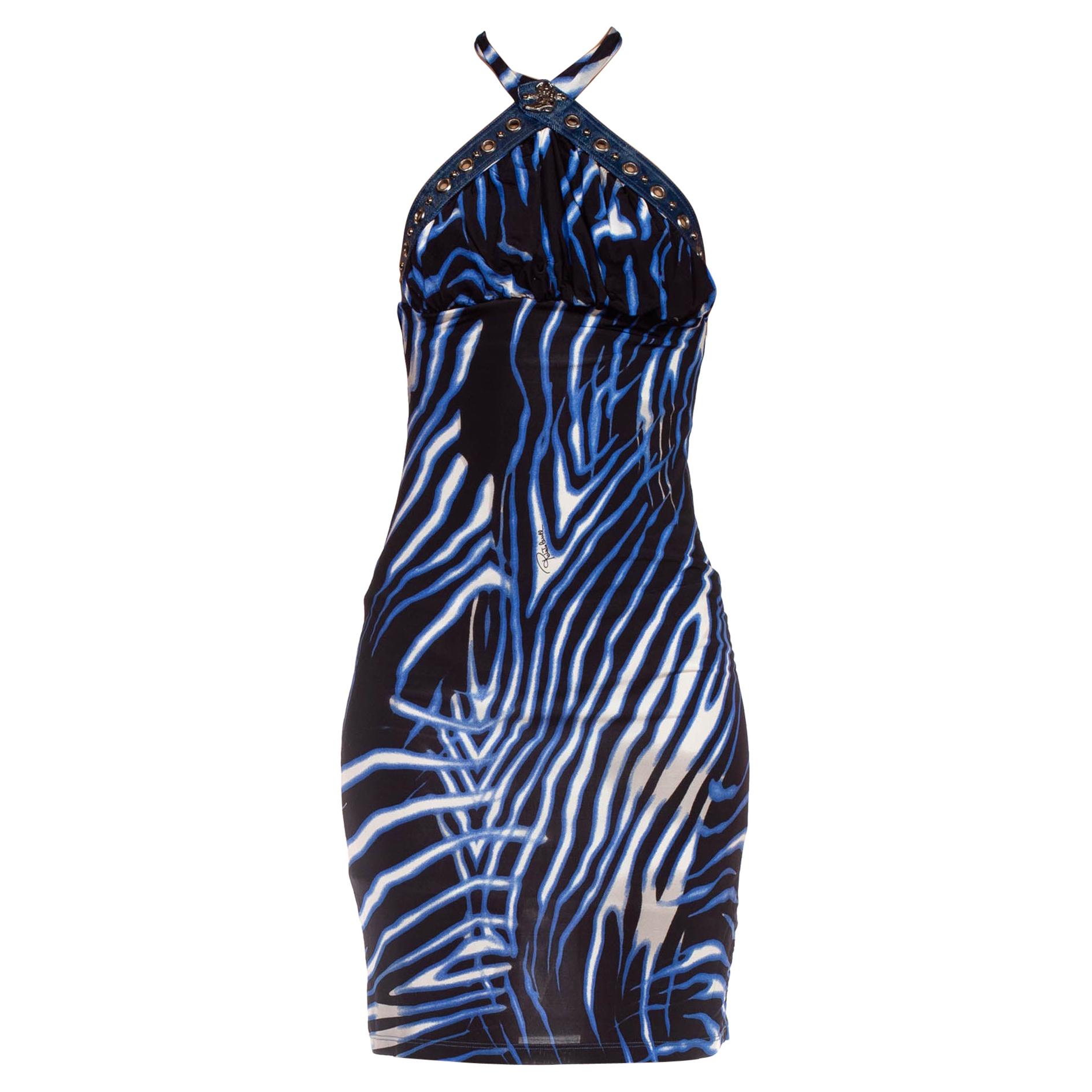 1990S CAVALLI Black & Blue Animal Print Nylon Blend Halter Neck Dress