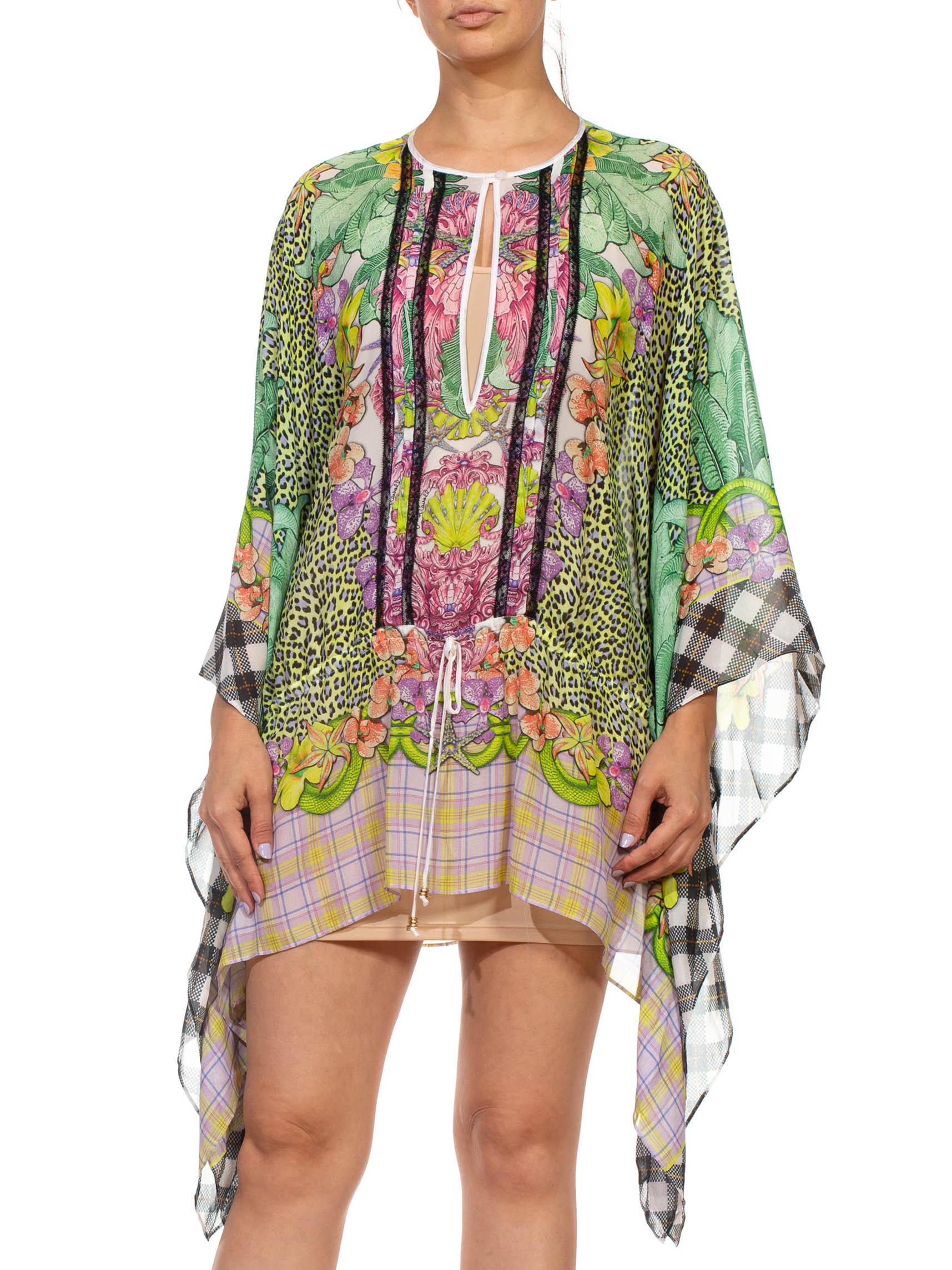 1990S CAVALLI Green & Pink Multicolored Silk Tunic Kaftan Top In Excellent Condition In New York, NY